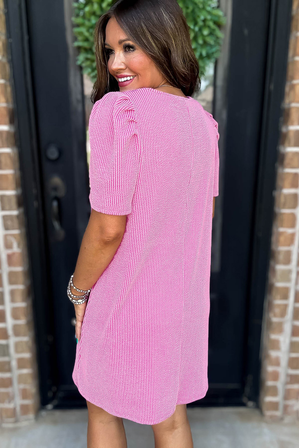 Bright Pink Flag Pattern Inspired Sequin Bow Spiral Ribbed Puff Sleeve T Shirt Dress