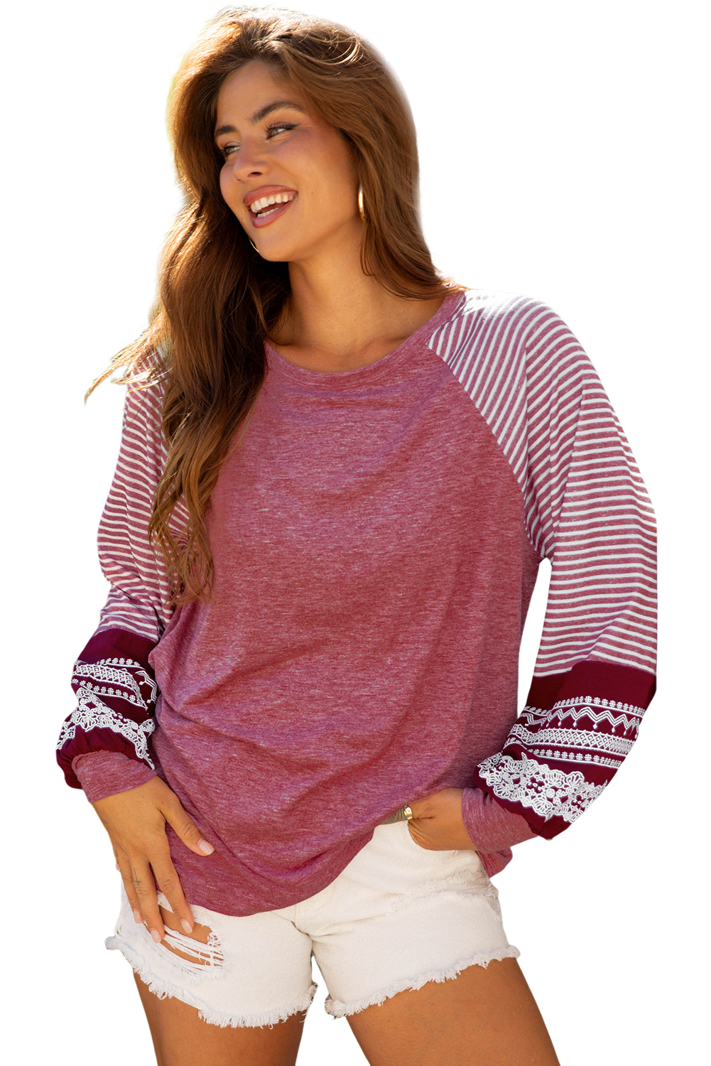 Tillandsia Purple Contrast Print Striped Raglan Long Sleeve Loose Top