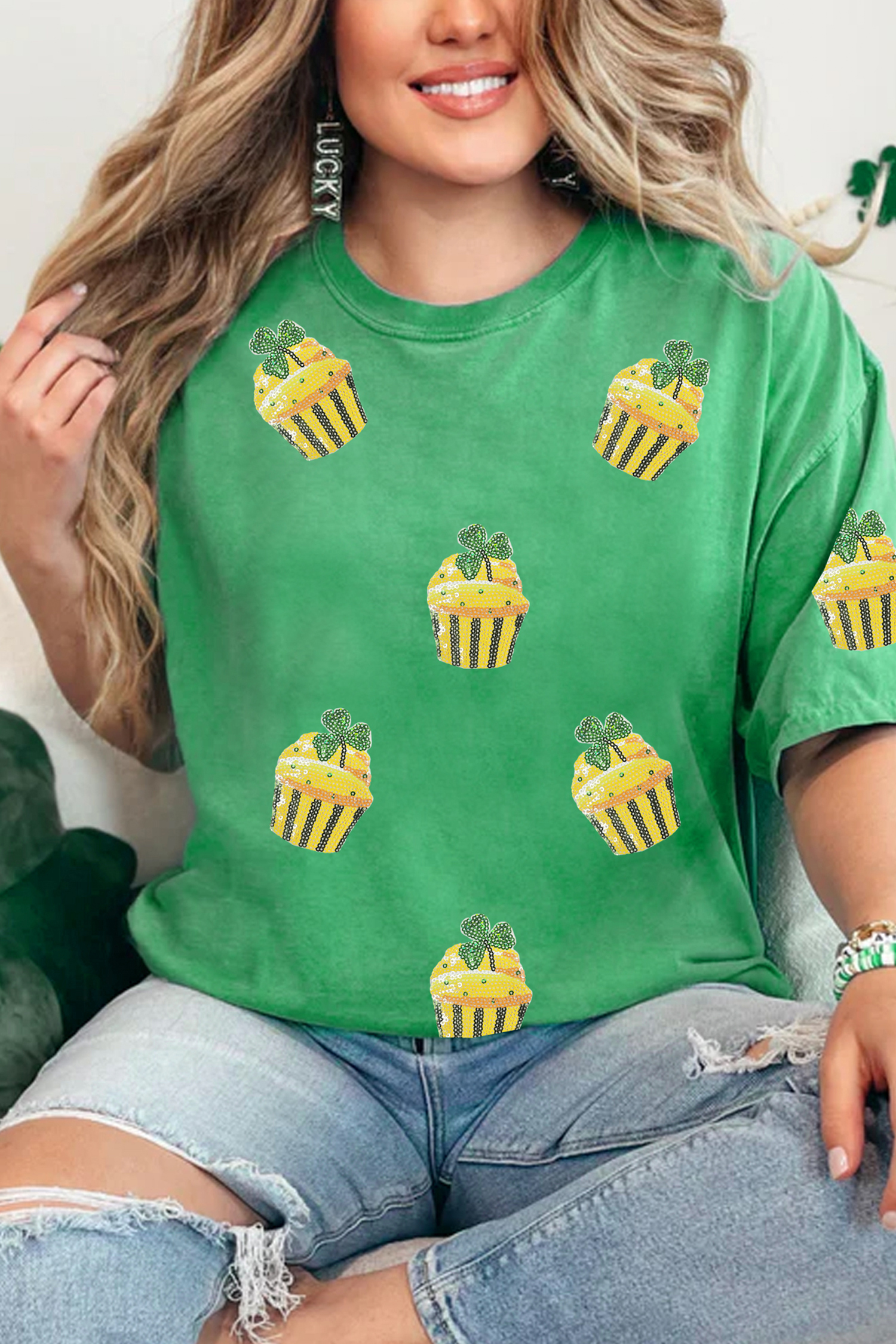 Bright Green St Patricks Day Sequin Cupcake Graphic T Shirt
