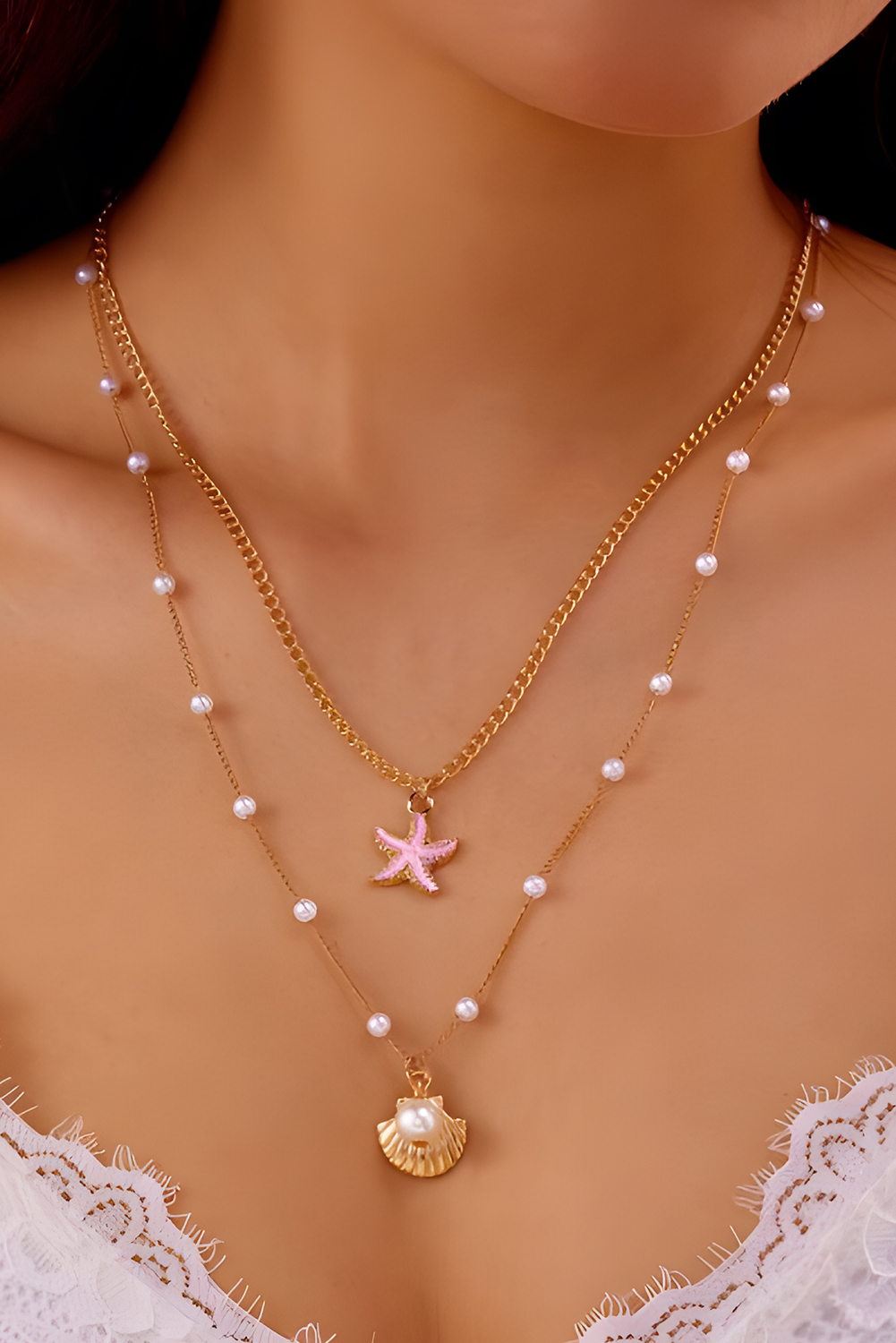 Gold Shell Starfish Pearl Plated Alloy Double Layer Necklace