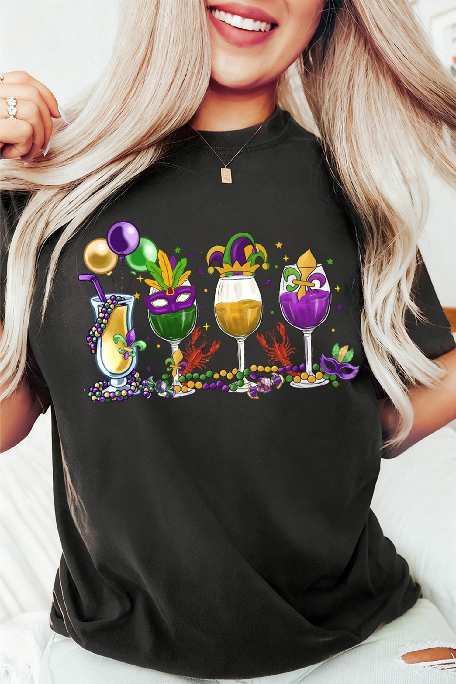 Black Cheerful Mardi Gras Drinks Crayfish Printed T Shirt