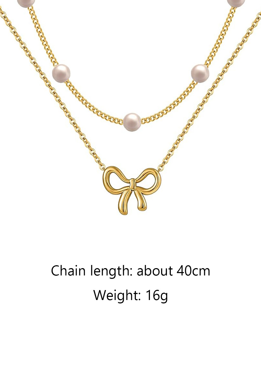 Gold Bow Pendant Pearl Beads Double Layer Necklace