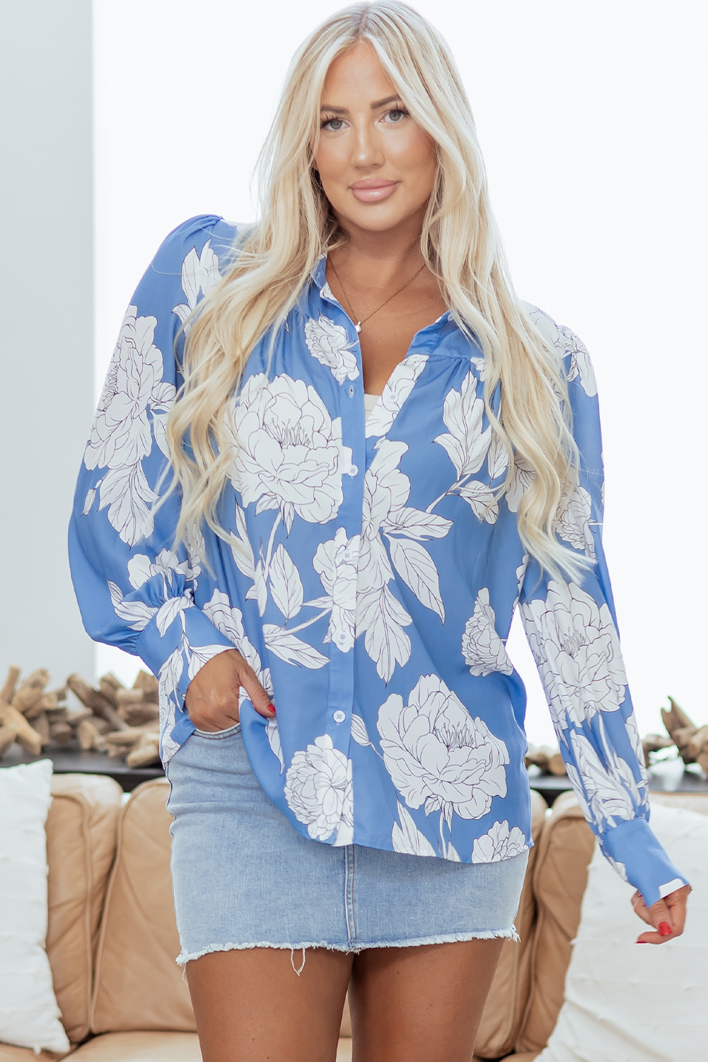 Sky Blue Floral Print Button Up Pleated Detail Puff Sleeve Shirt