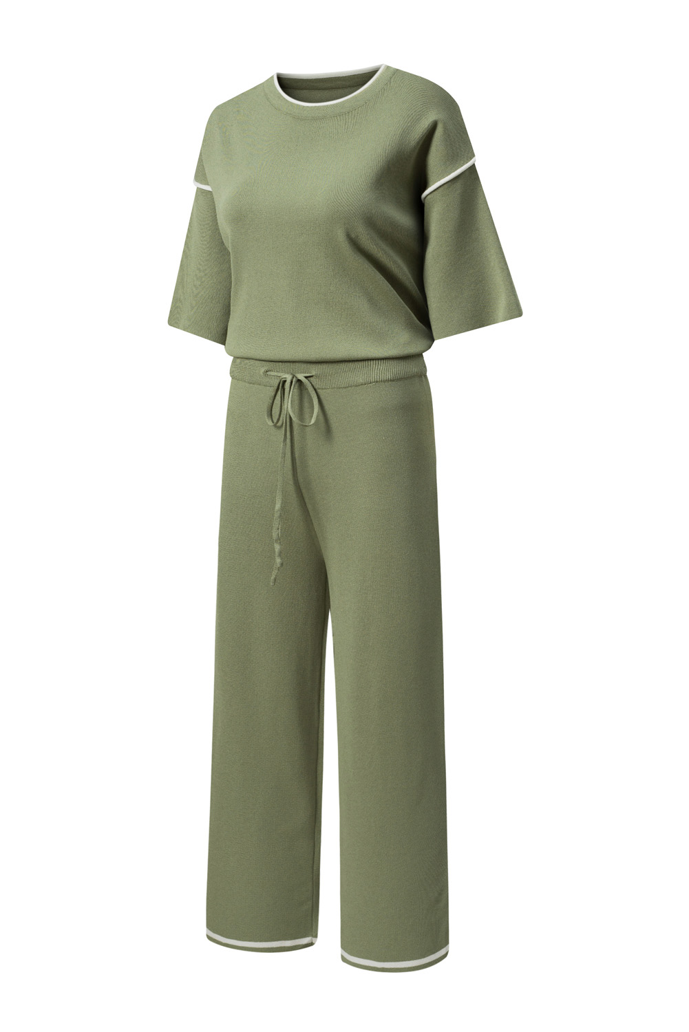 Blackish Green Contrast Trim Half Sleeve Top Drawstring Pants Loose 2pcs Sweater Suit