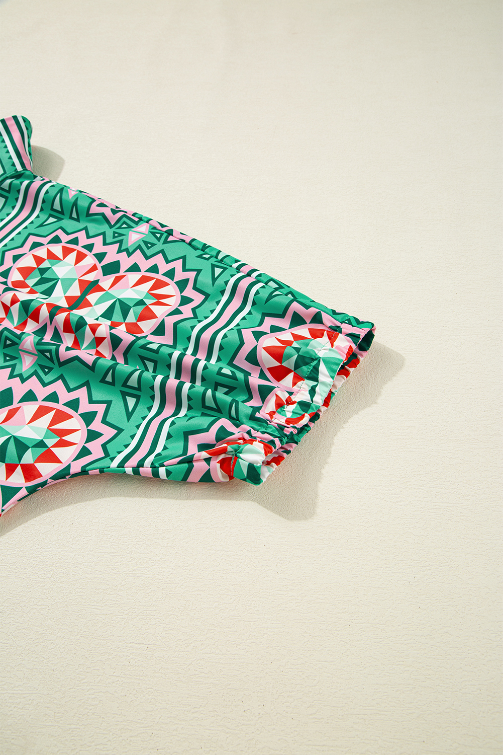 Sea Green Boho Abstract Print Contrast Striped Collared V Neck Blouse