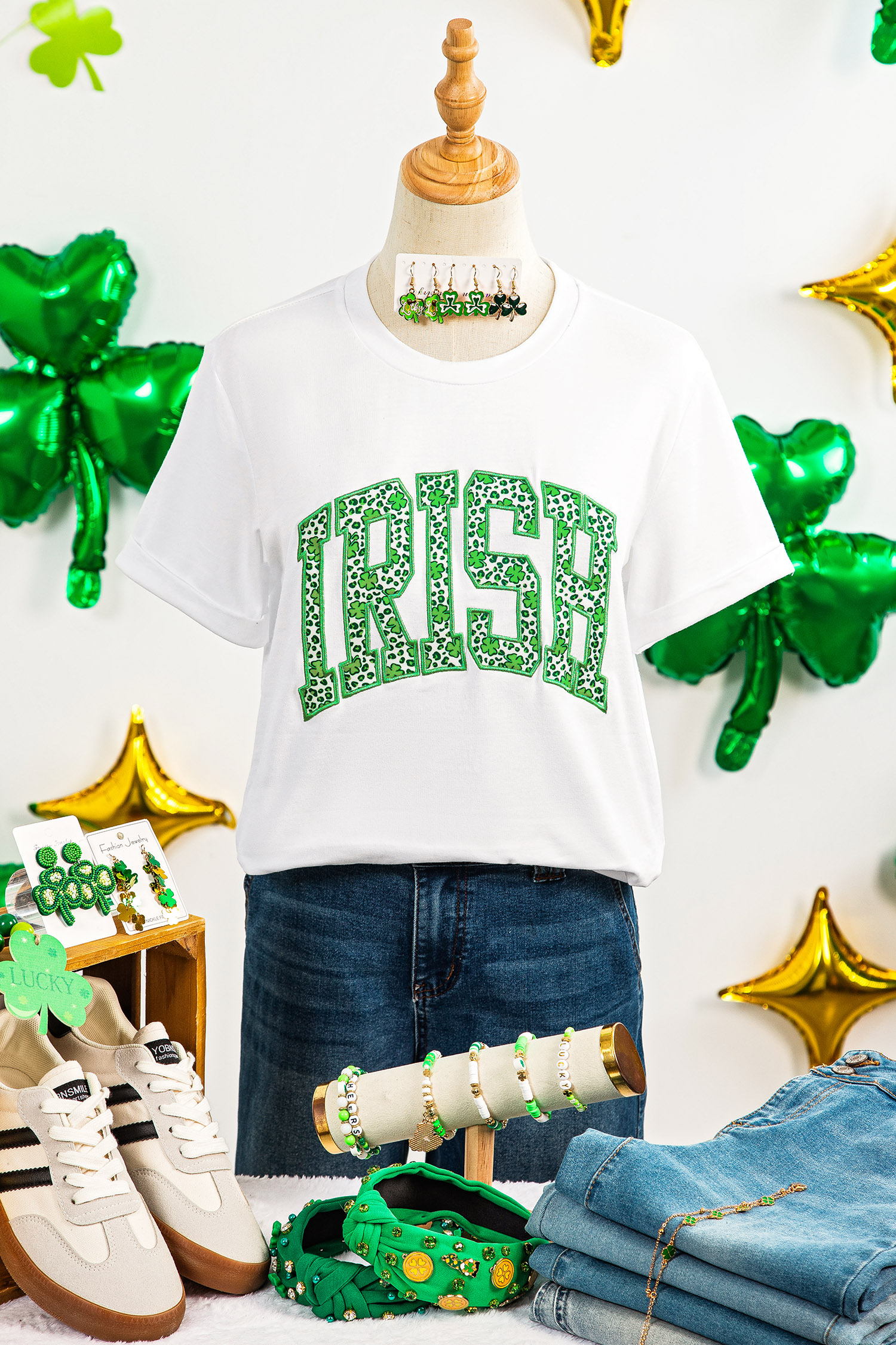 White IRISH Leopard Clover Embroidered Patch Graphic Tee