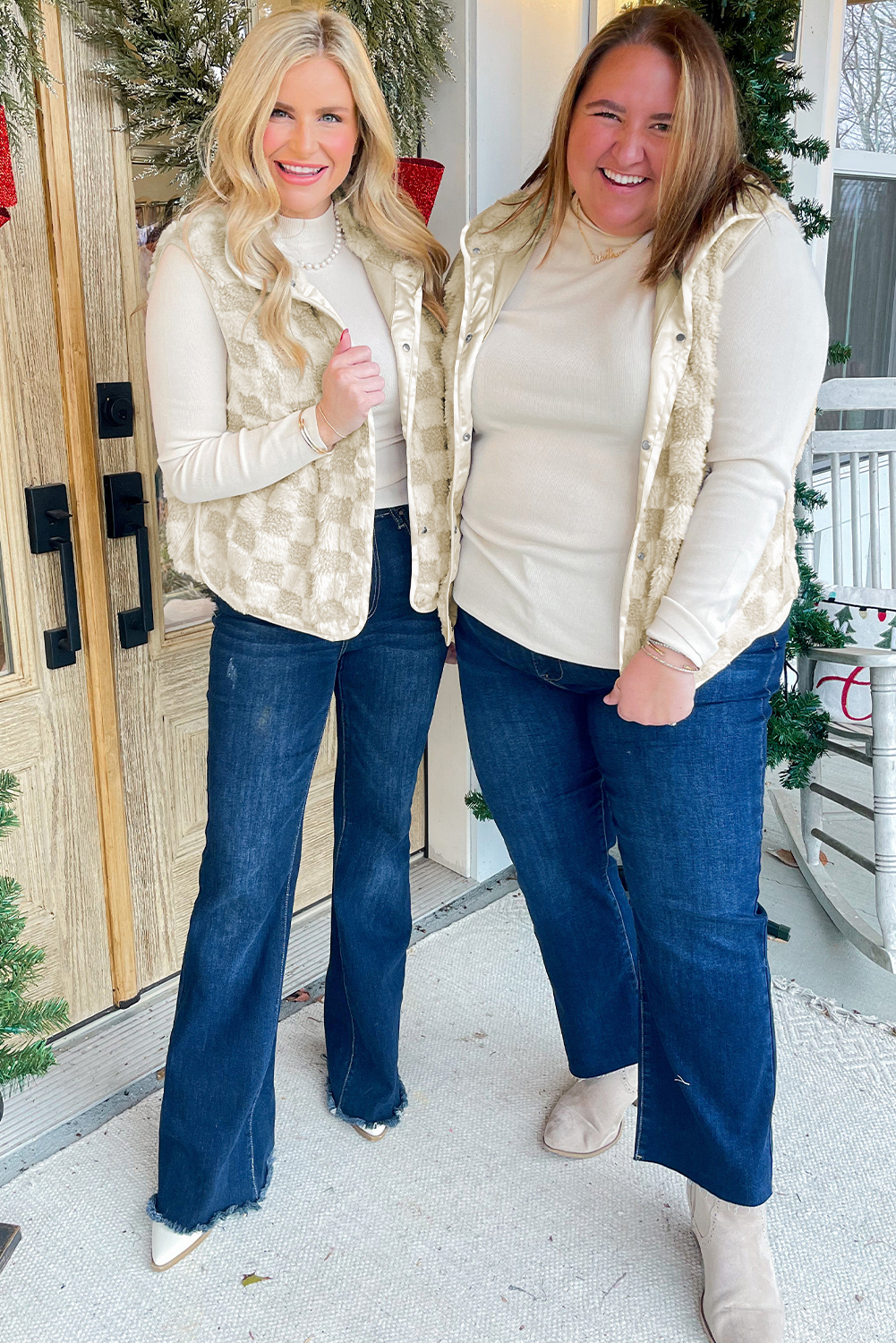 Khaki Sherpa Checkerboard Snap Button Vest Jacket With Pocket