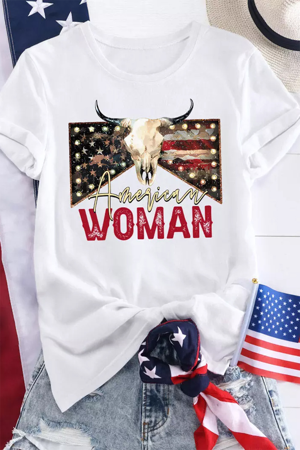 White American Woman Bull Skull Graphic T Shirt