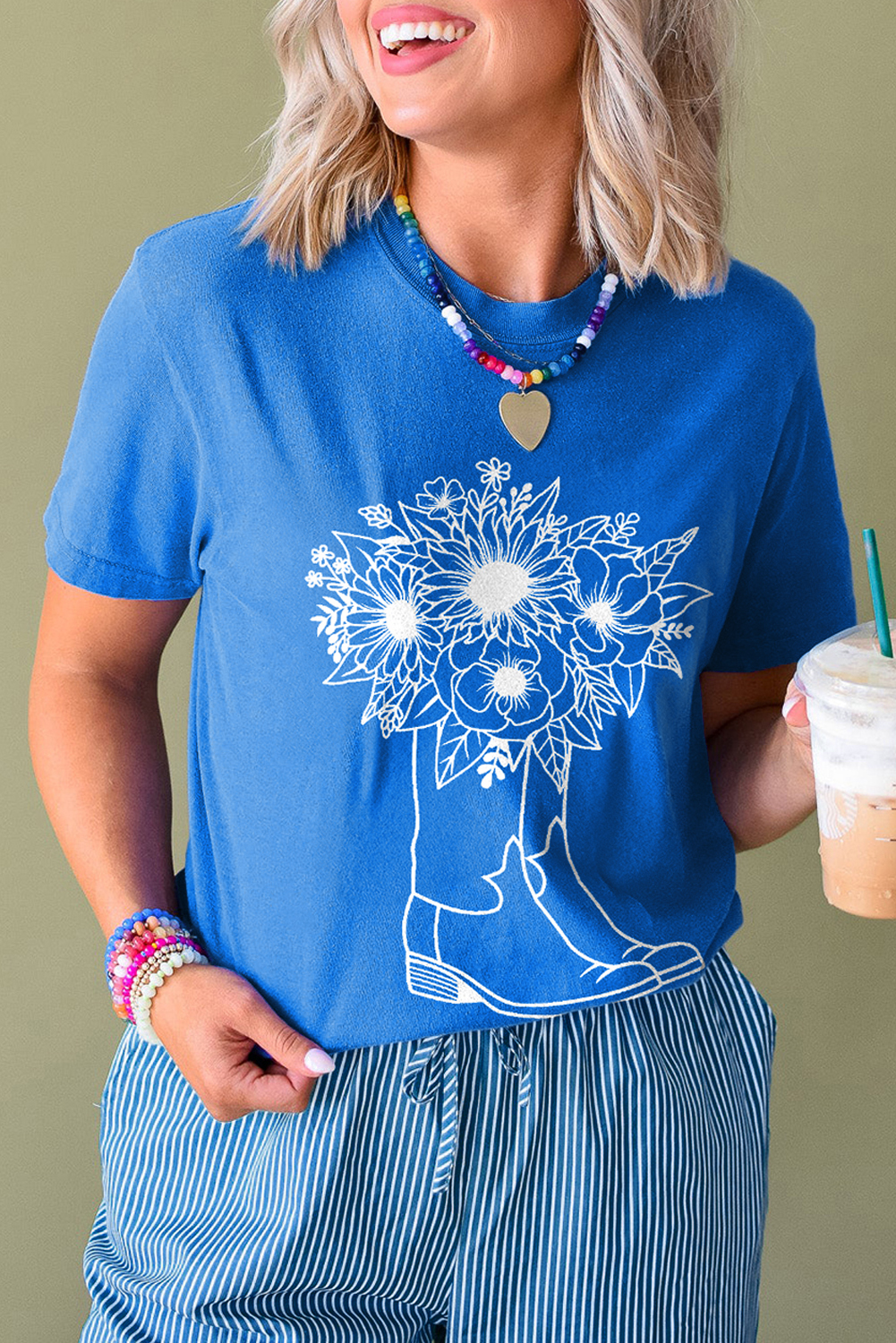 Blue Sunflower Boots Graphic Western Fashion T Shirt