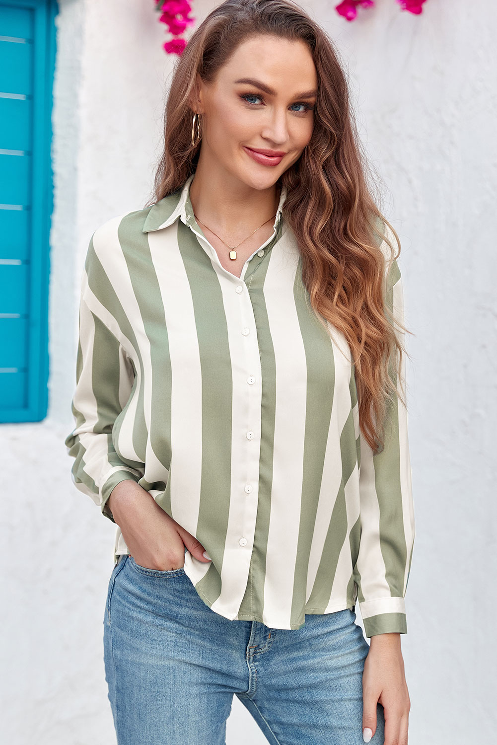 Green Striped Soft Relaxed Button Up Shirt
