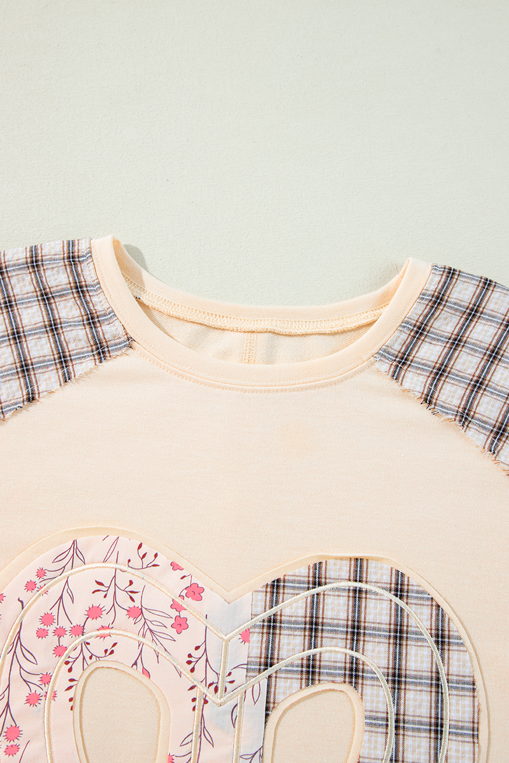 Beige Flower Patch Graphic Exposed Seam Wide Sleeve Top