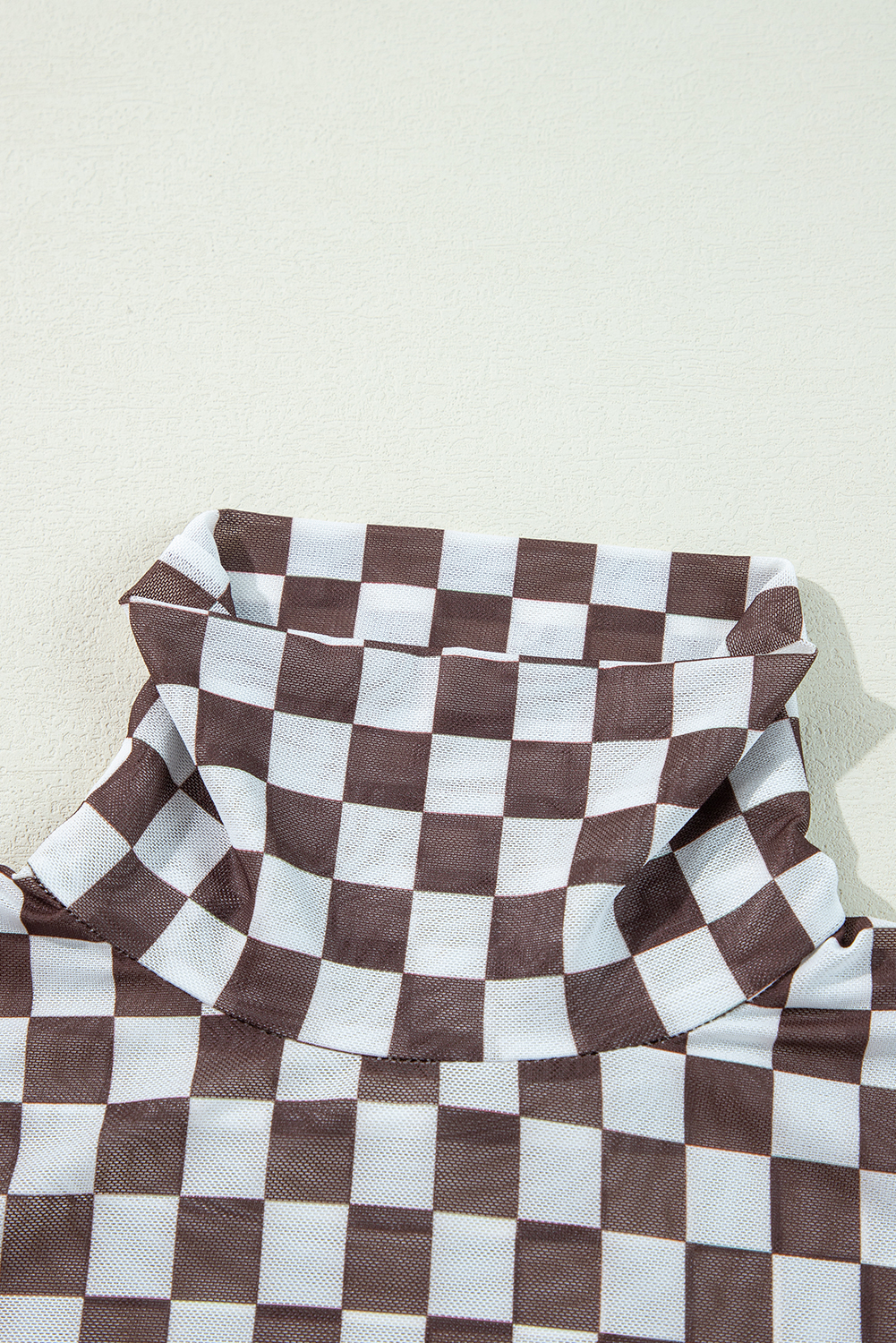 Khaki Checkered Pattern Mesh Mock Neck Long Sleeve Top