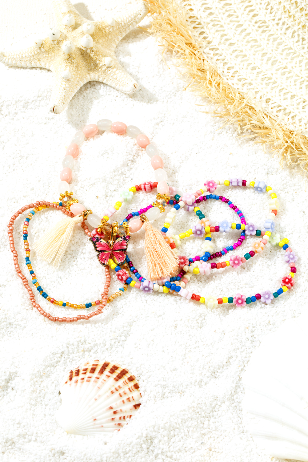 Peach Blossom 7pcs Handmade Beaded Bohemian Style Butterfly Tassel Bracelet Set