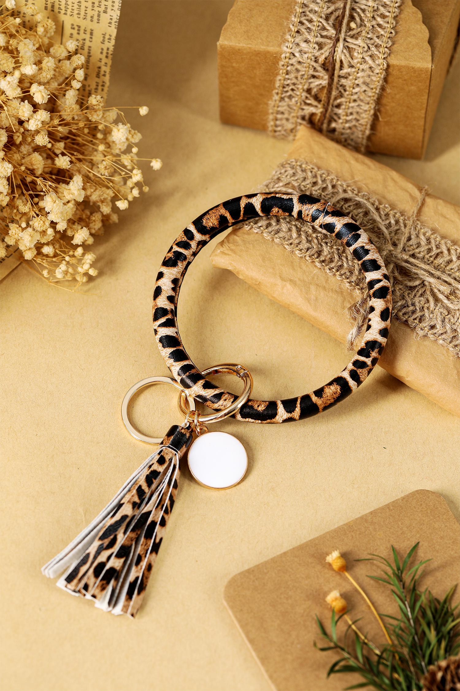 Parchment Leopard PU Leather Tassel Key Chain Bangle Bracelet