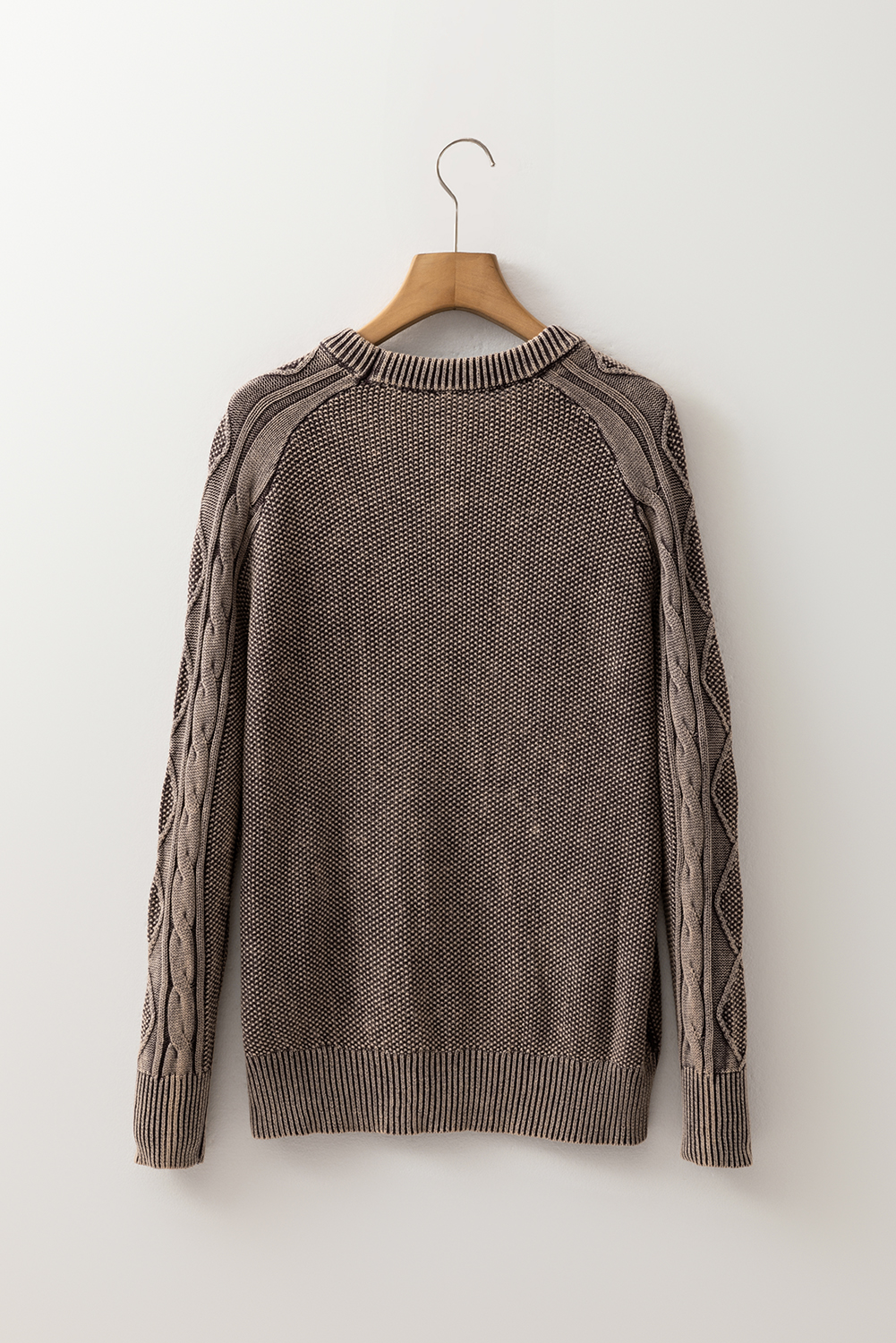 Dark Brown Contrast Cable Knit Sleeve Casual Sweater