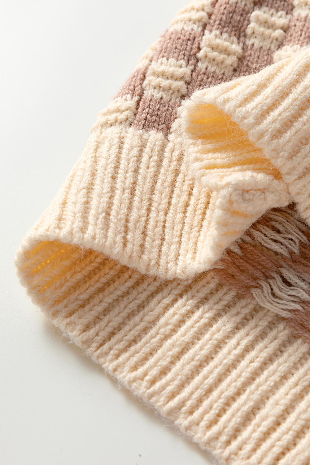 Khaki Stripe Checkerboard Drop Shoulder Balloon Sleeve Sweater