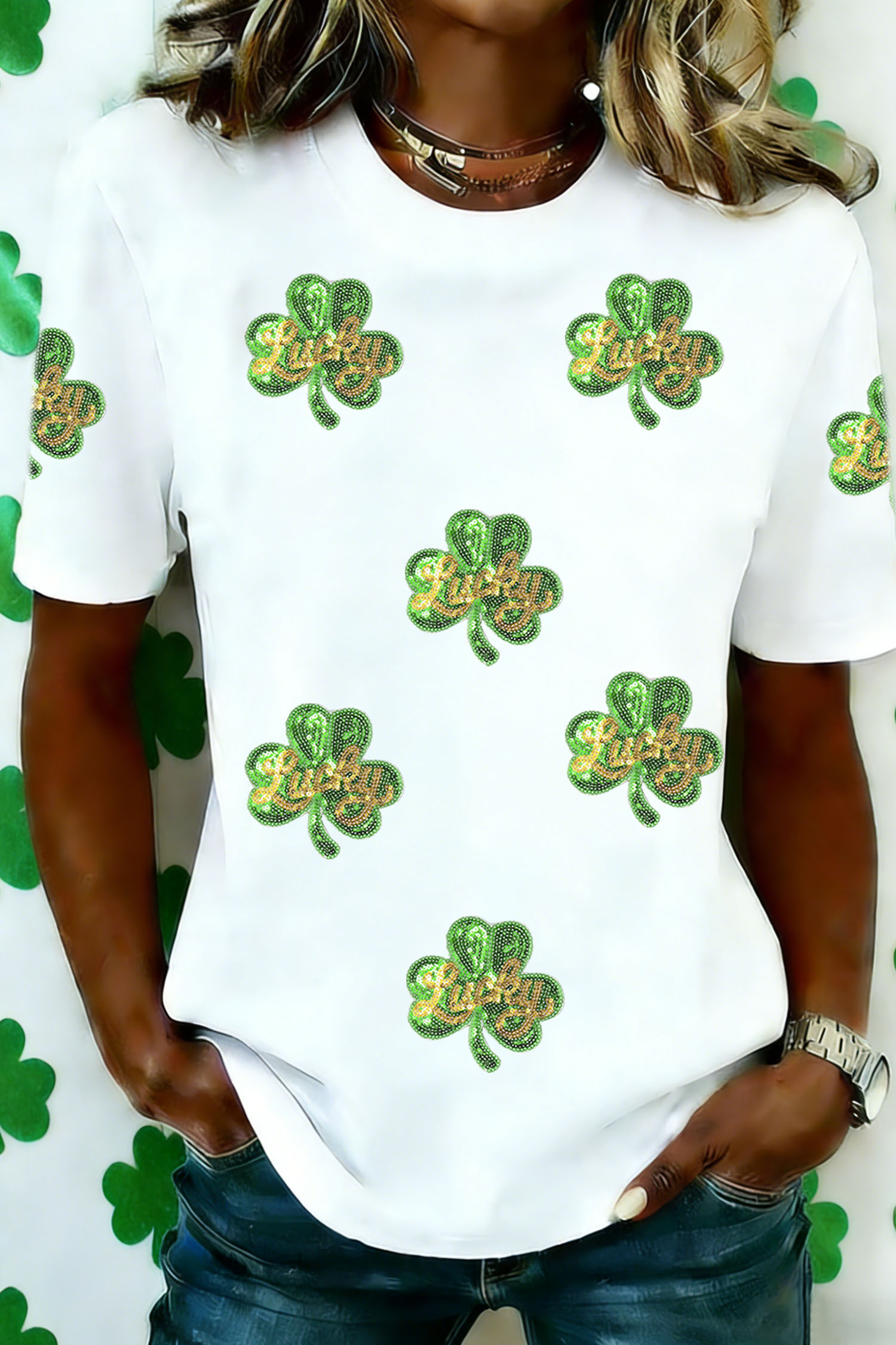 White Sequin Lucky Clover Patched Casual Round Neck Tee
