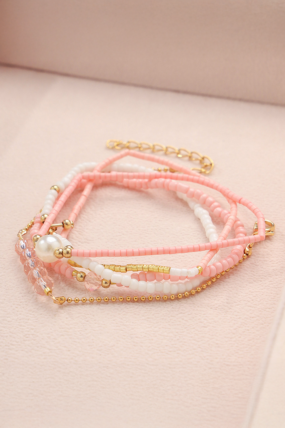 Pink Pearl Crystal Bead Detail 5pcs Elastic Bracelet Set