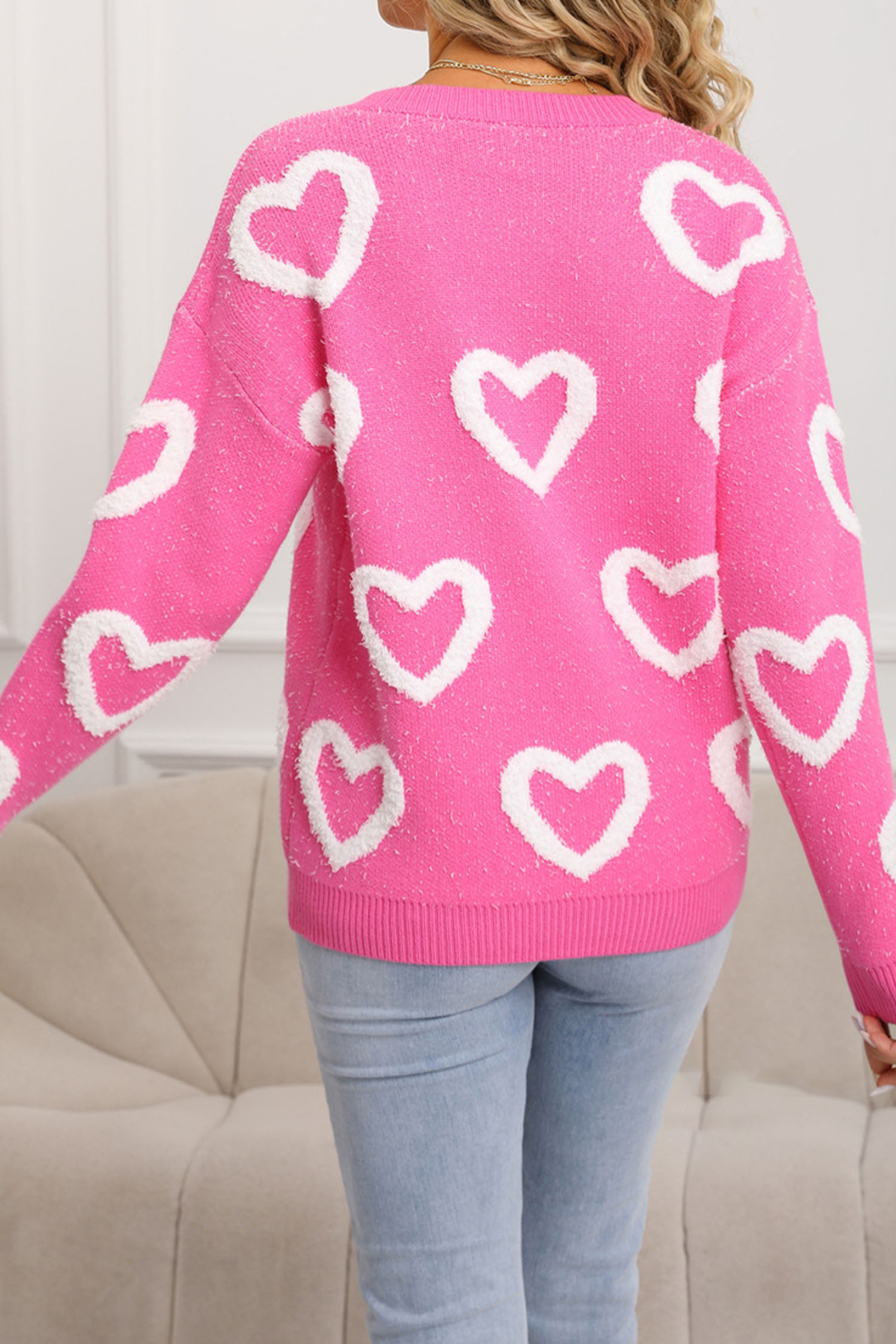 White Chenille Heart Print Valentines Day Sweater