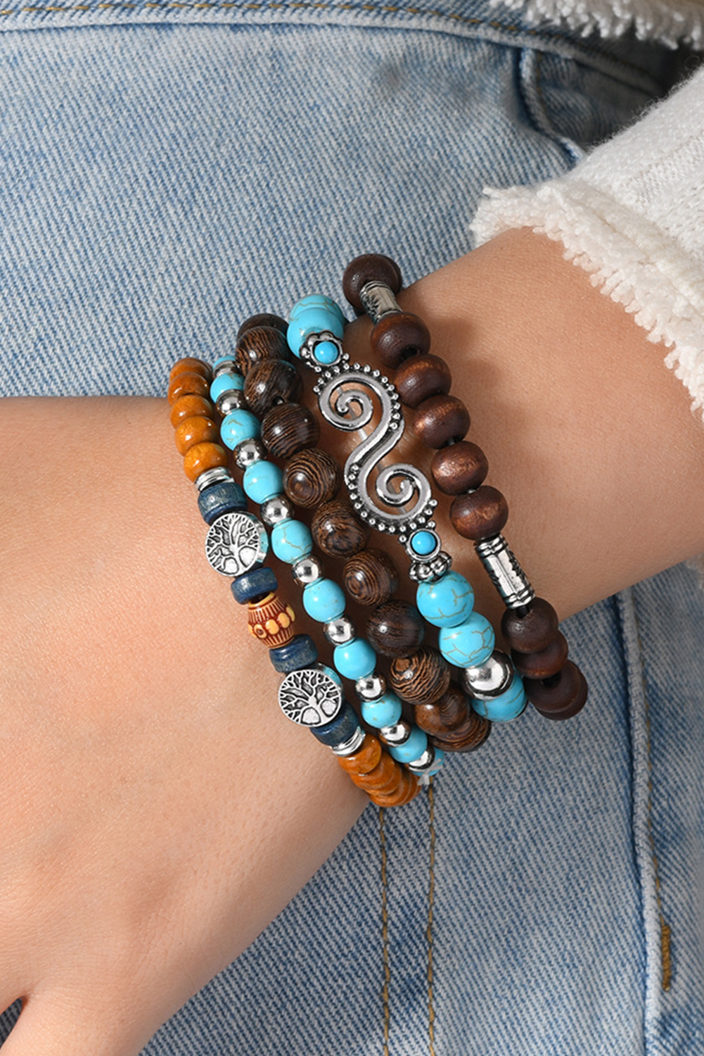 Cinnamon Boho 5pcs Turquoise Wood Beaded Elastic Bracelet Set
