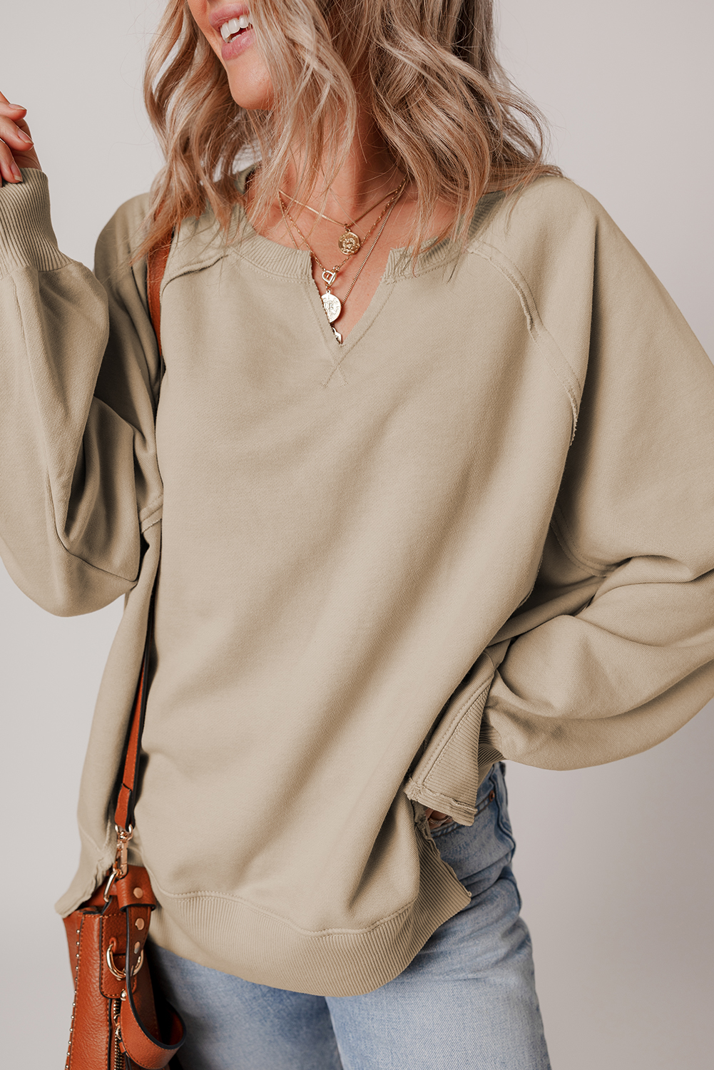 Parchment Raw Edge Exposed Seam Raglan Sleeve Side Slit Sweatshirt