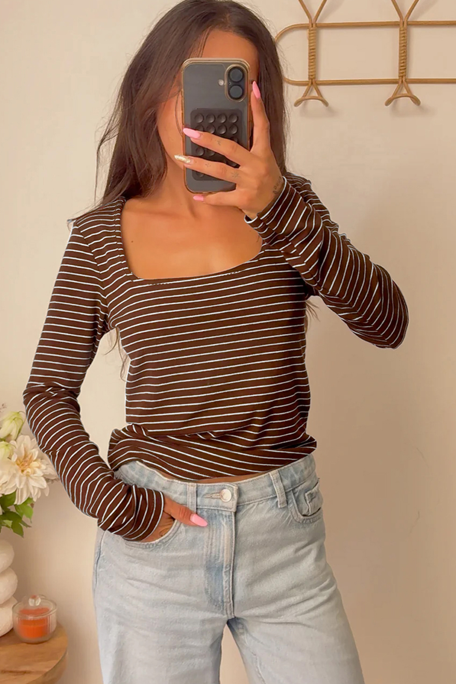 Brown Stripe Square Neck Long Sleeve Top