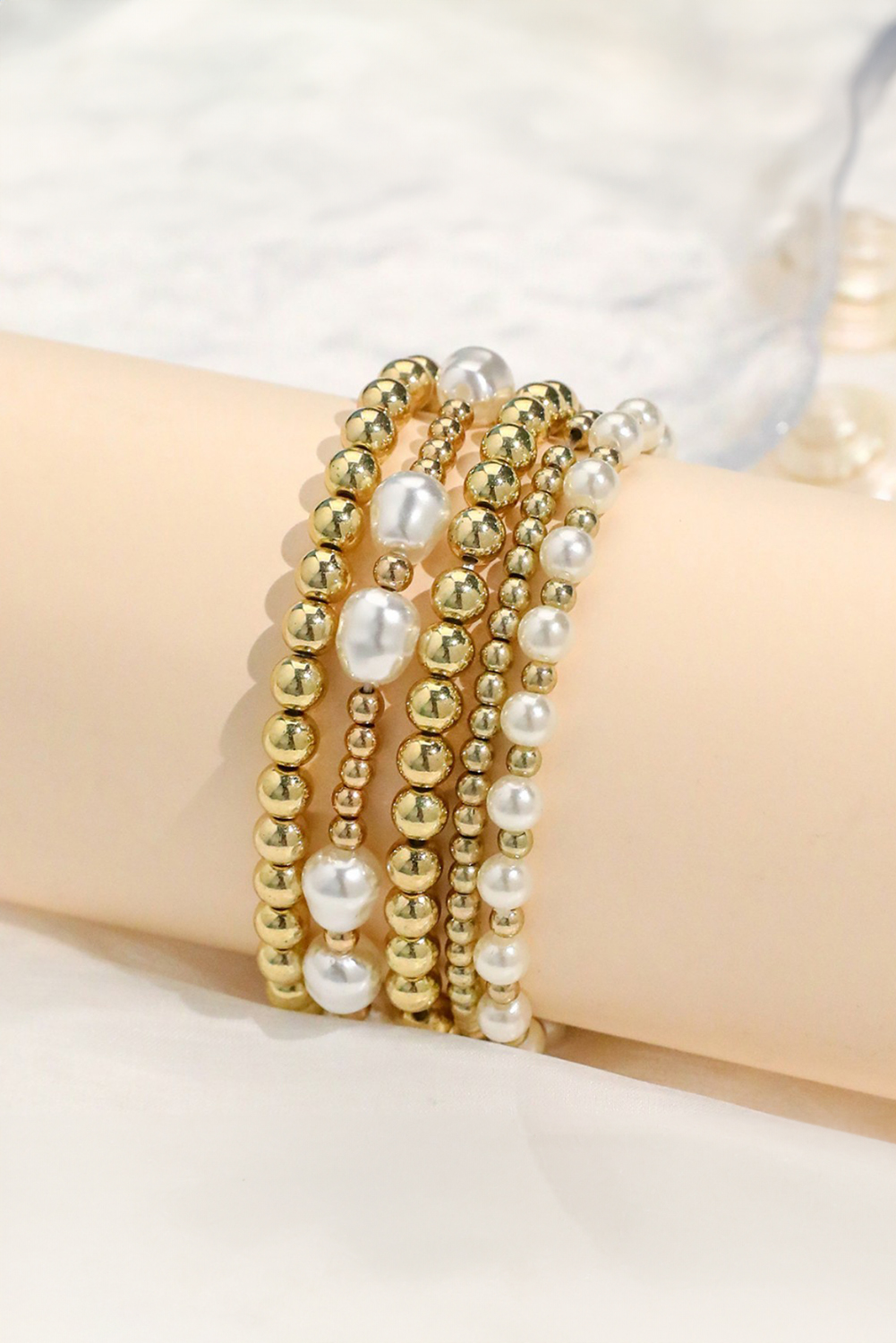 Gold Plated Alloy Pearl Mix Beading Multilayer Bracelet