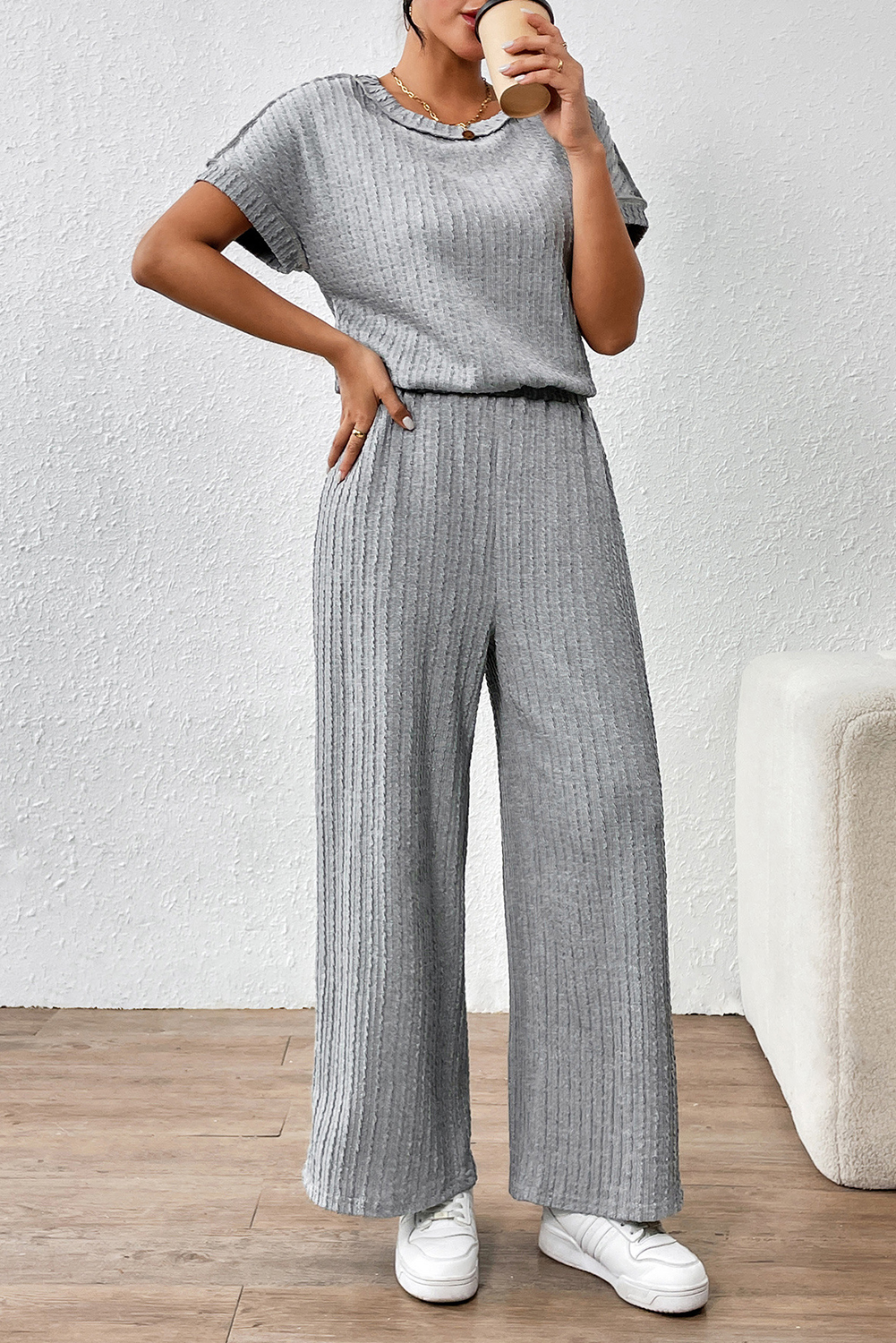 Gray Striped Texture Loose Tee and Pants Set