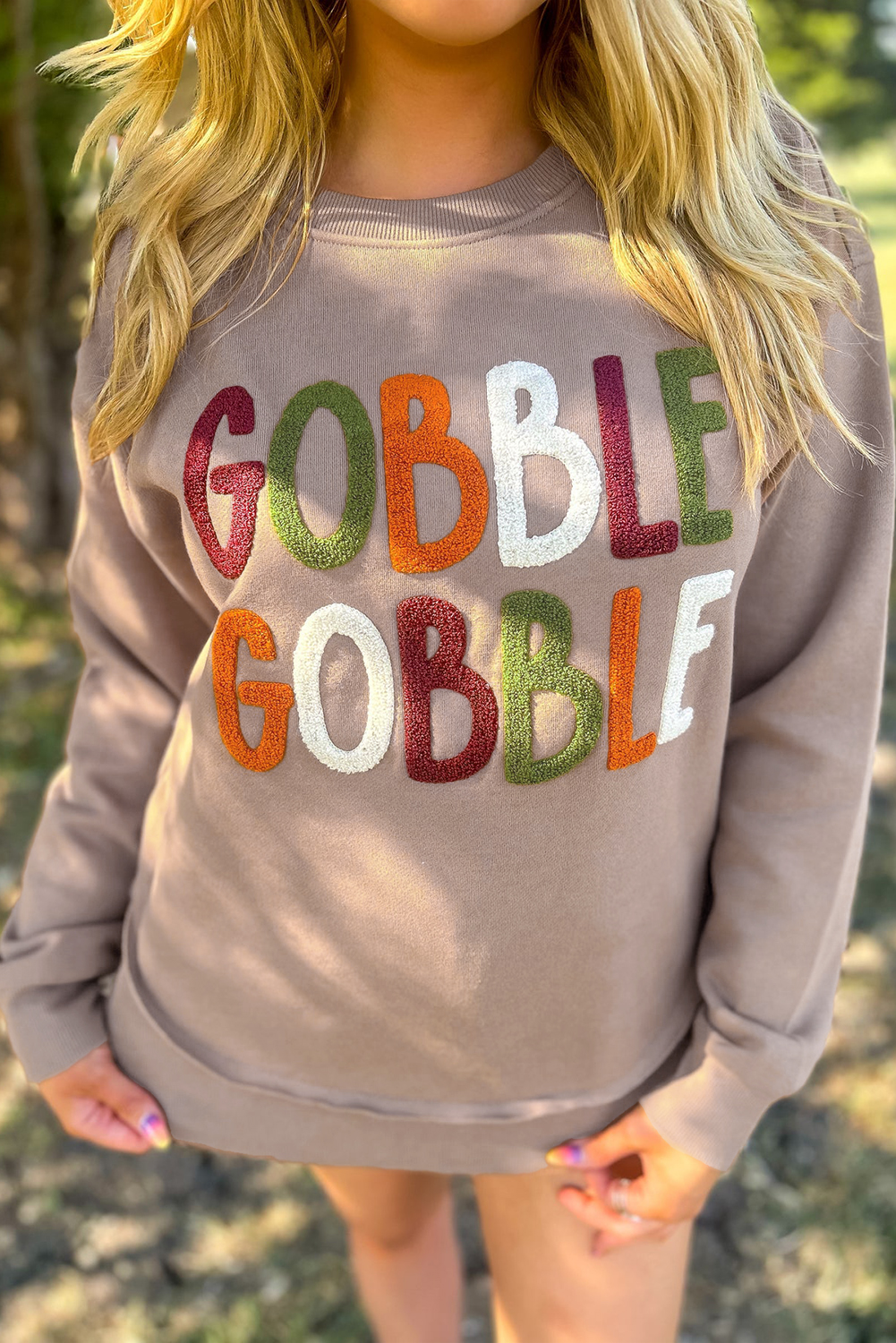 Dark Khaki GOBBLE Letter Graphic Thanksgiving Shift Sweatshirt