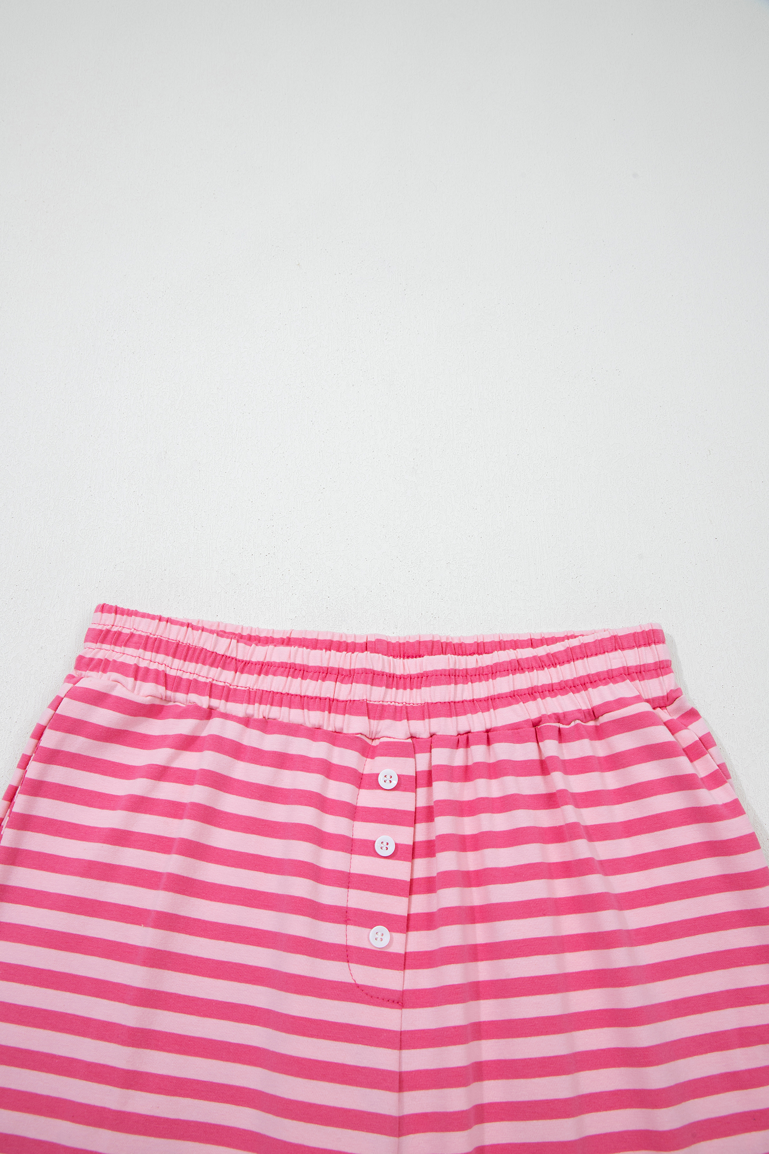 Rose Stripe Drop Shoulder Round Neck Top and Buttoned Straight Pants Two Piece Set