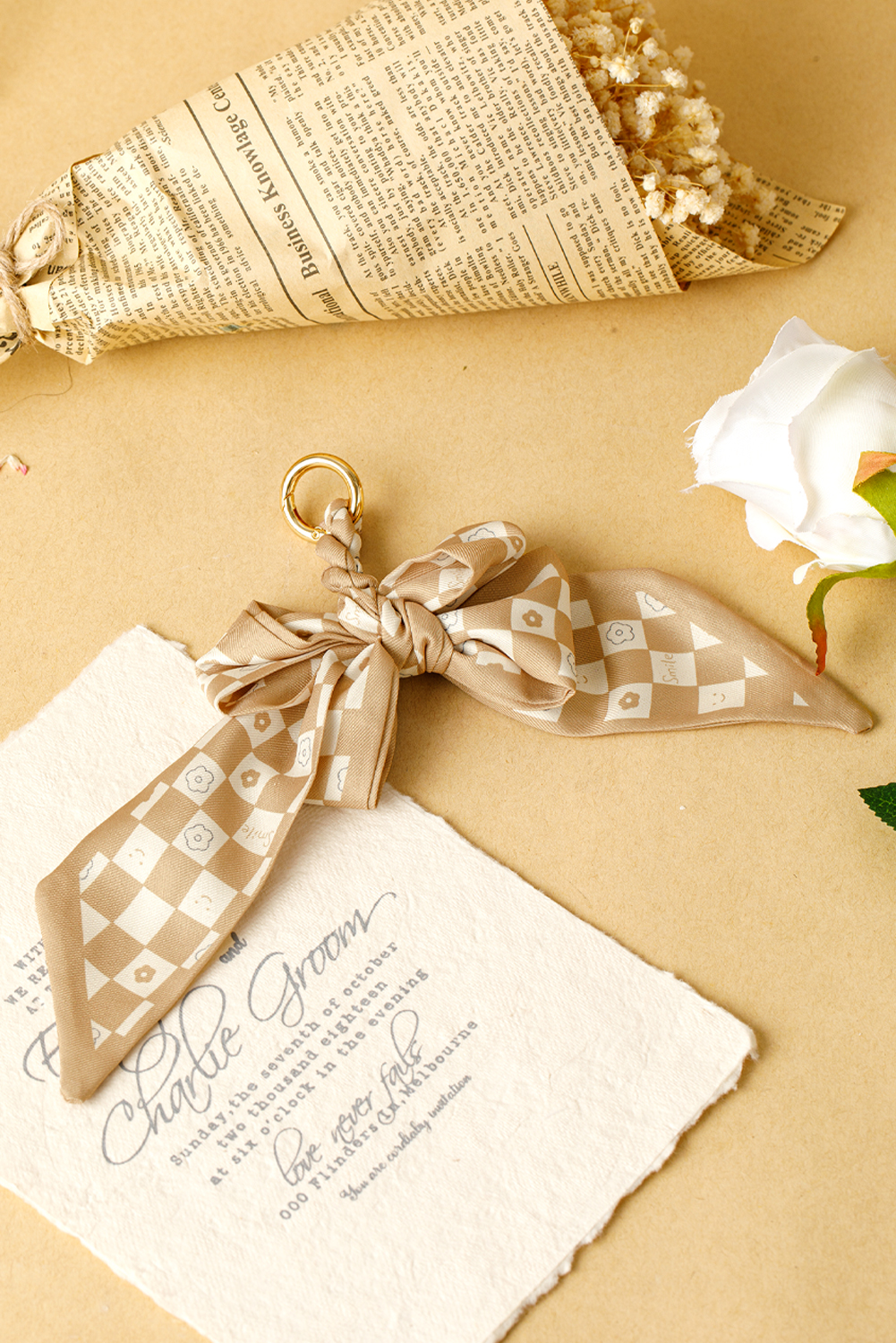 Smoke Gray Checkered Flower Bow Knot Keychain