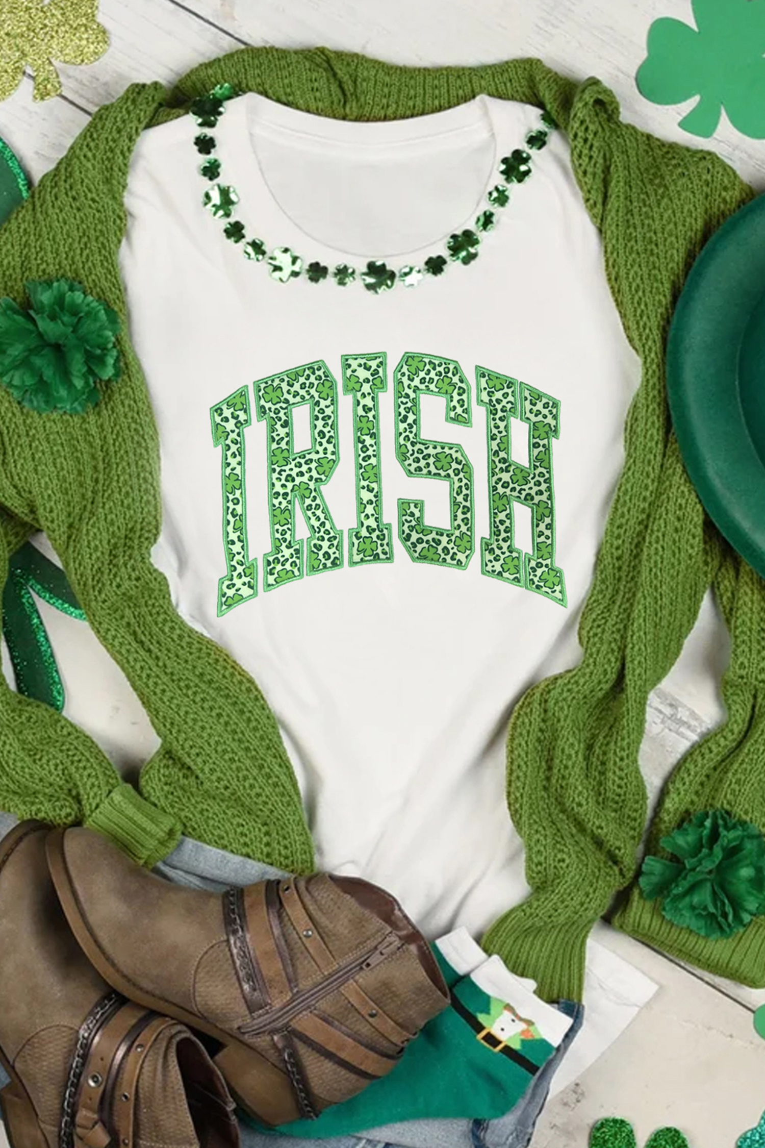 White IRISH Leopard Clover Embroidered Patch Graphic Tee