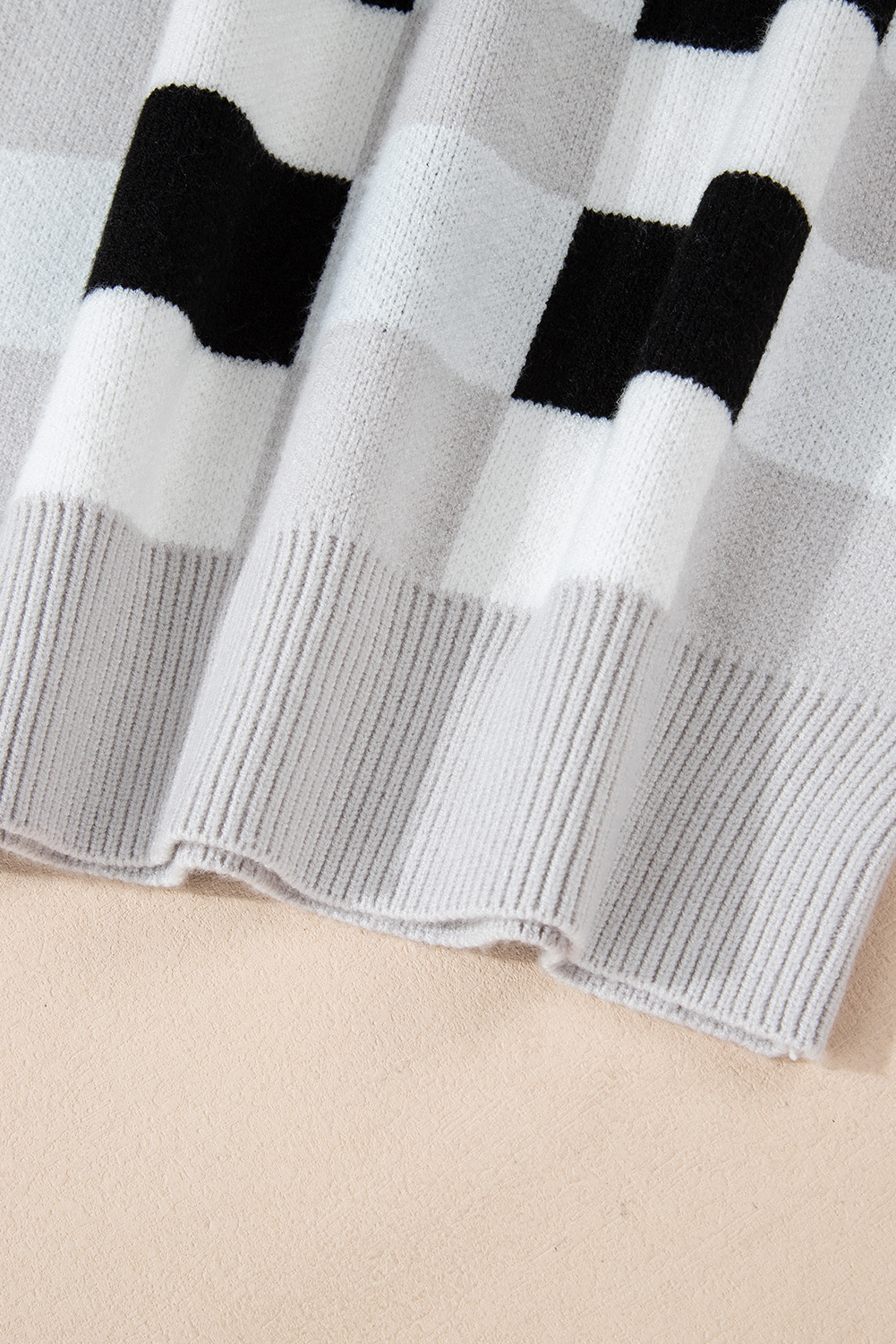 Khaki Checkered Ribbed Edge O Neck Drop Shoulder Sweater