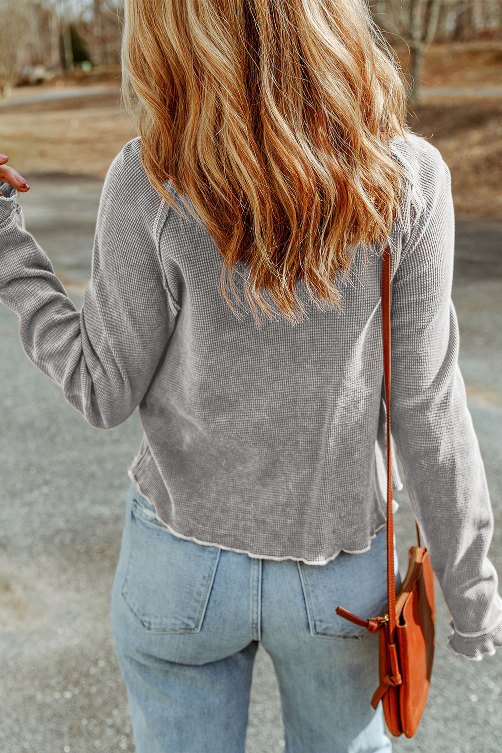 Smoke Gray Textured Round Neck Long Sleeve Top