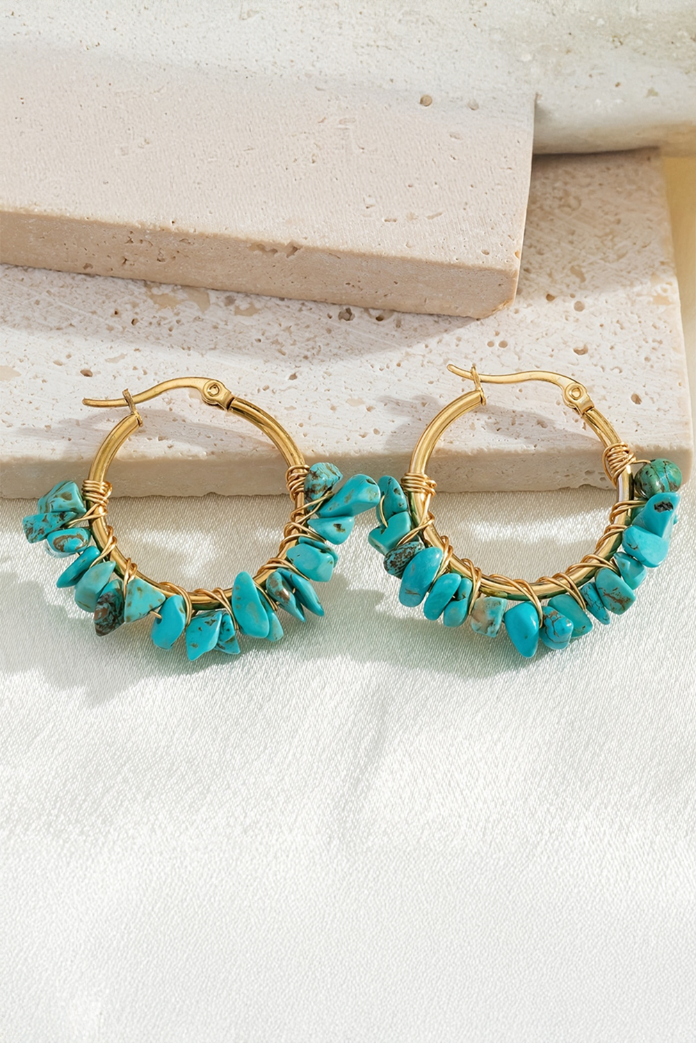 Turquoise Irregular Stone Beading Golden Plated Hoop Earrings