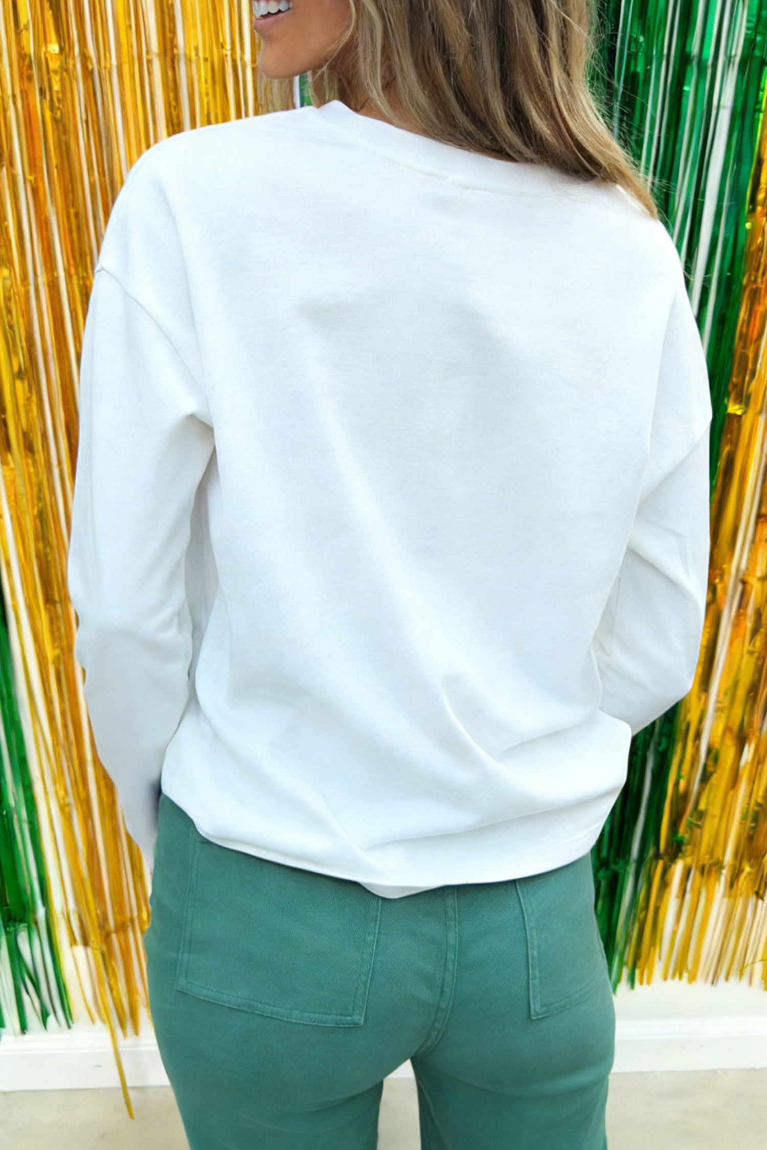 White LUCKY Clover Embroidered Long Sleeve Top