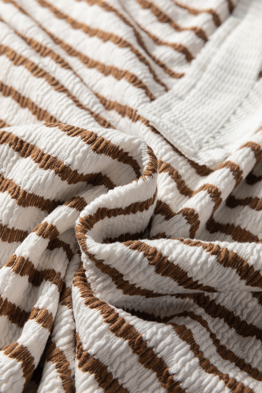 Khaki Stripe Textured Hooded V Neck Casual Long Sleeve Top