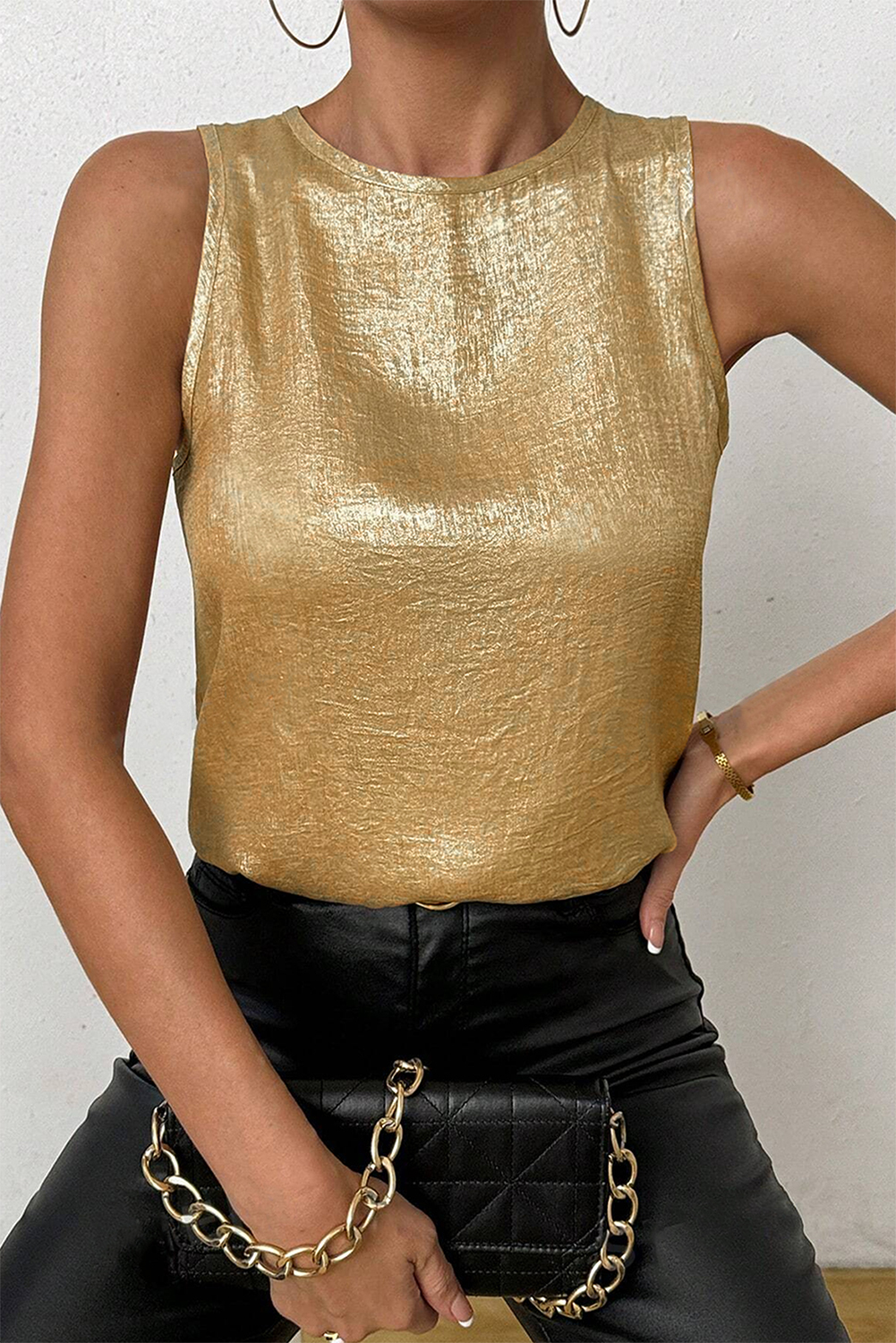 Gold Metal Textured Round Neck Casual Tank Top