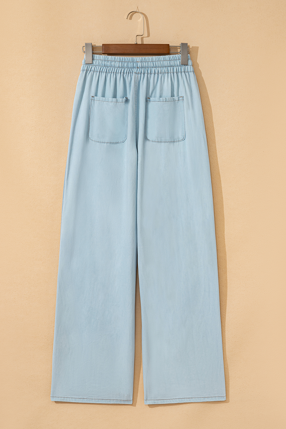 Beau Blue Light Wash Contrast Trim Center Seam Drawstring Elastic Waistband Wide Leg Denim Pants