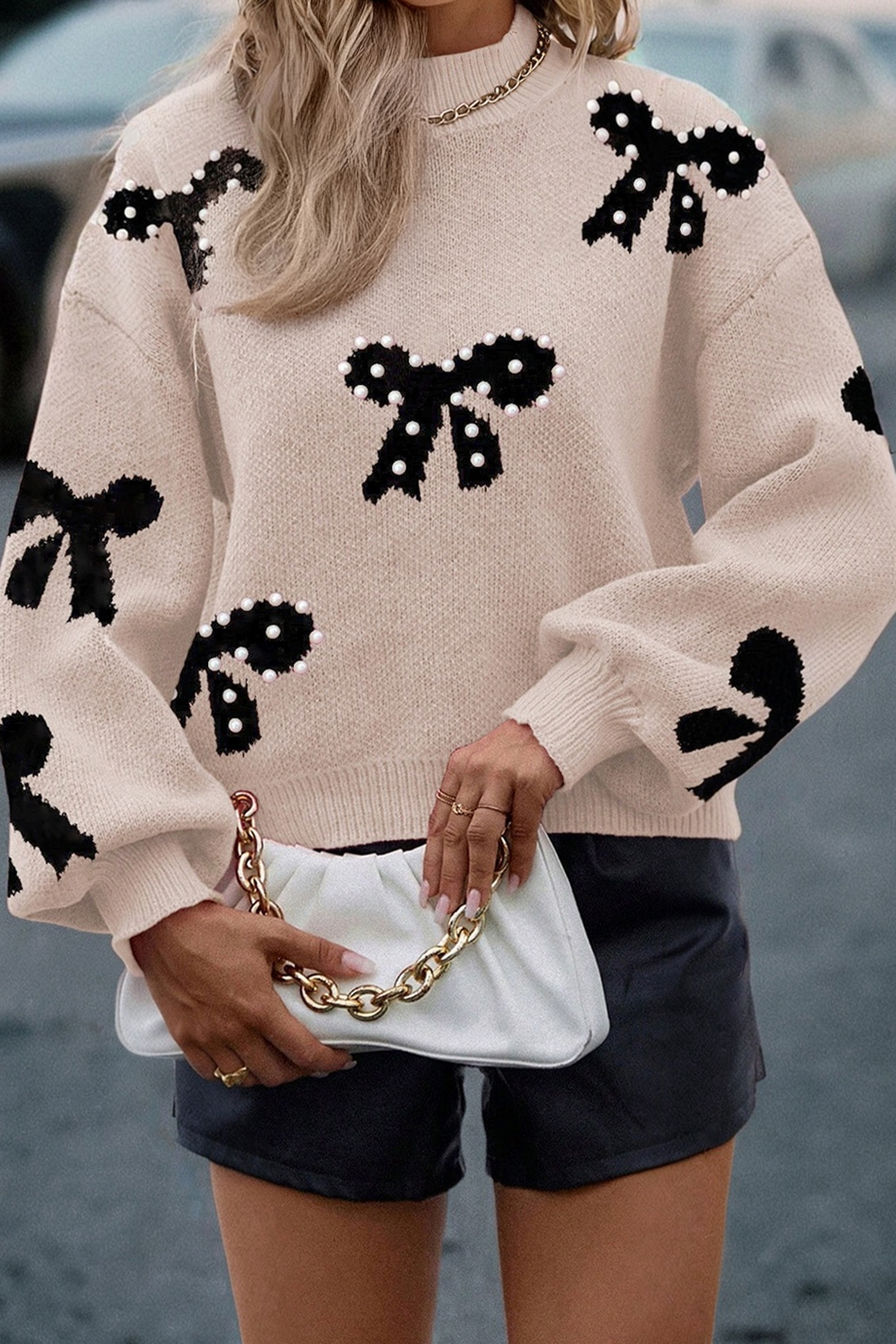 Bright Pink Pearl Embellished Bow Pattern Loose Sweater