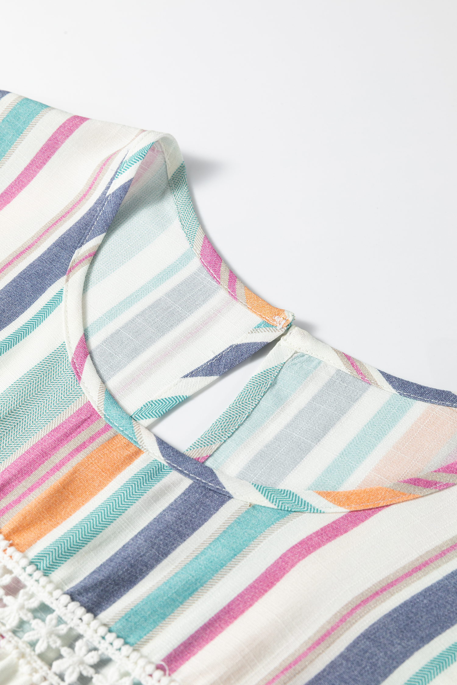 Light Blue Lace Hollow-out Insert Flutter Sleeve Striped Blouse