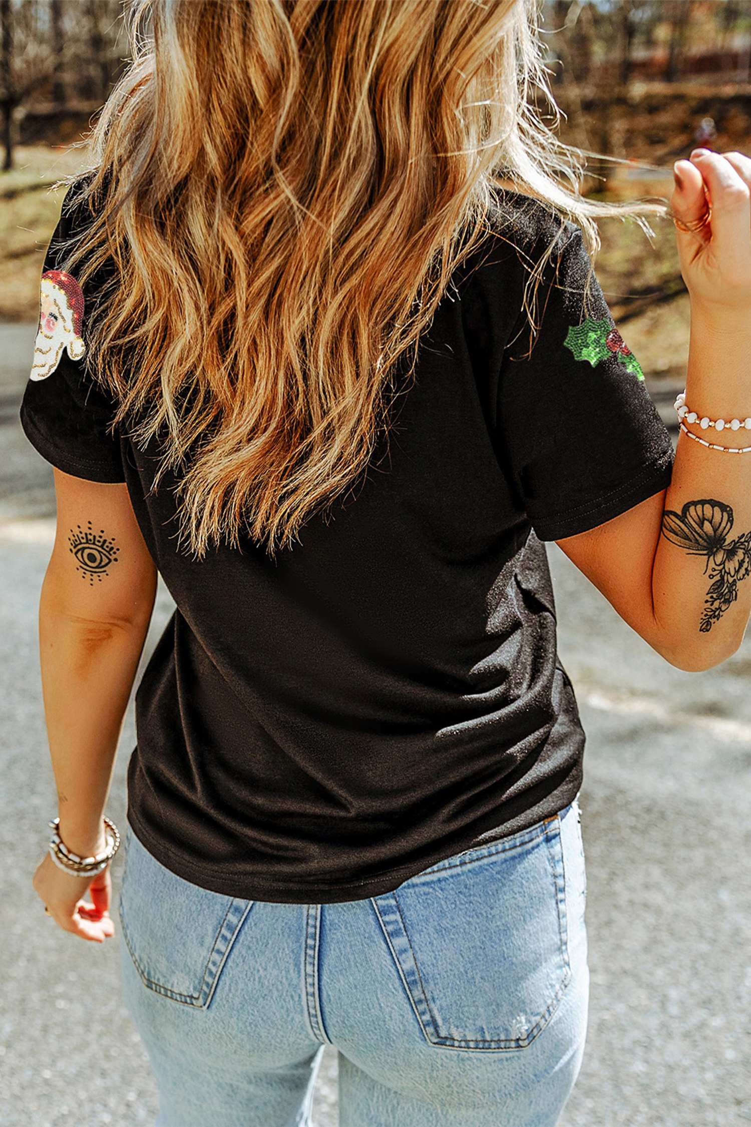 Black Christmas Holly Santa Claus Sequin Patched Graphic Tee