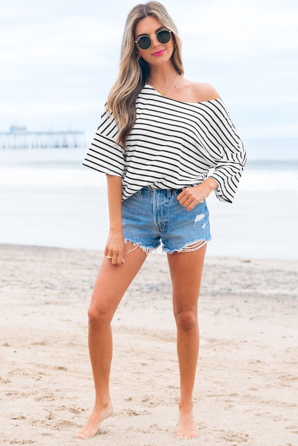 Black Stripe Half Sleeve Scoop Neck Loose Top