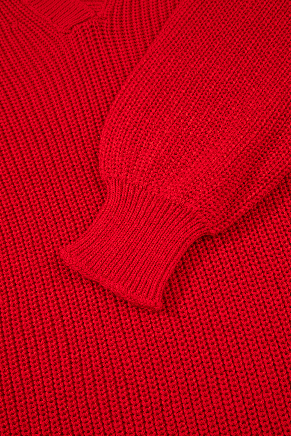 Racing Red Solid Textured Knit V Neck Drop Shoulder Sweater