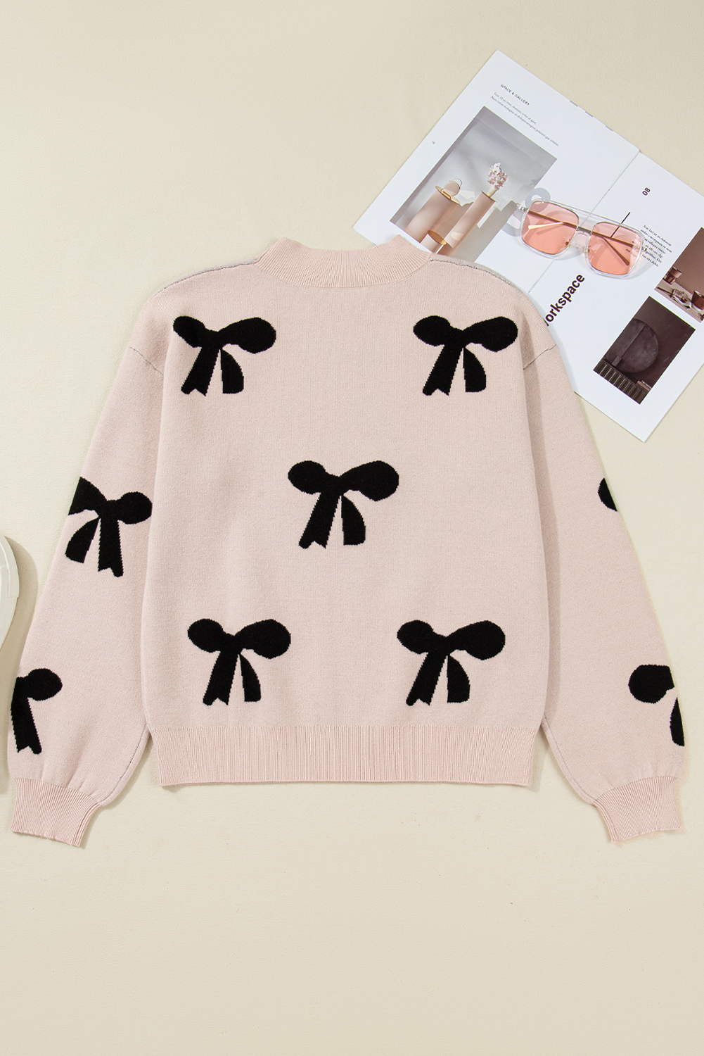 Bright Pink Pearl Embellished Bow Pattern Loose Sweater