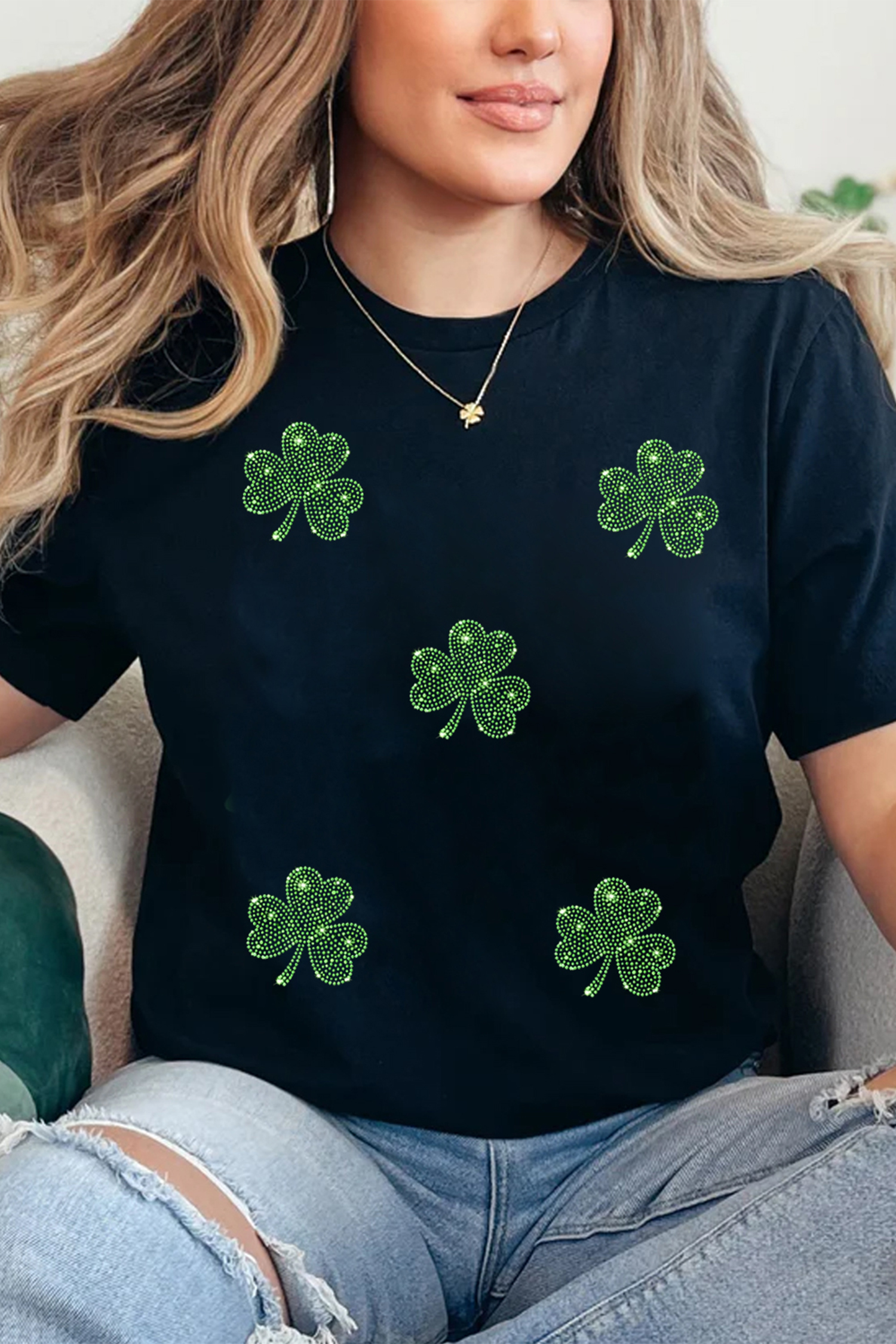 Black St Patricks Day Rhinestone Clover Round Neck Tee