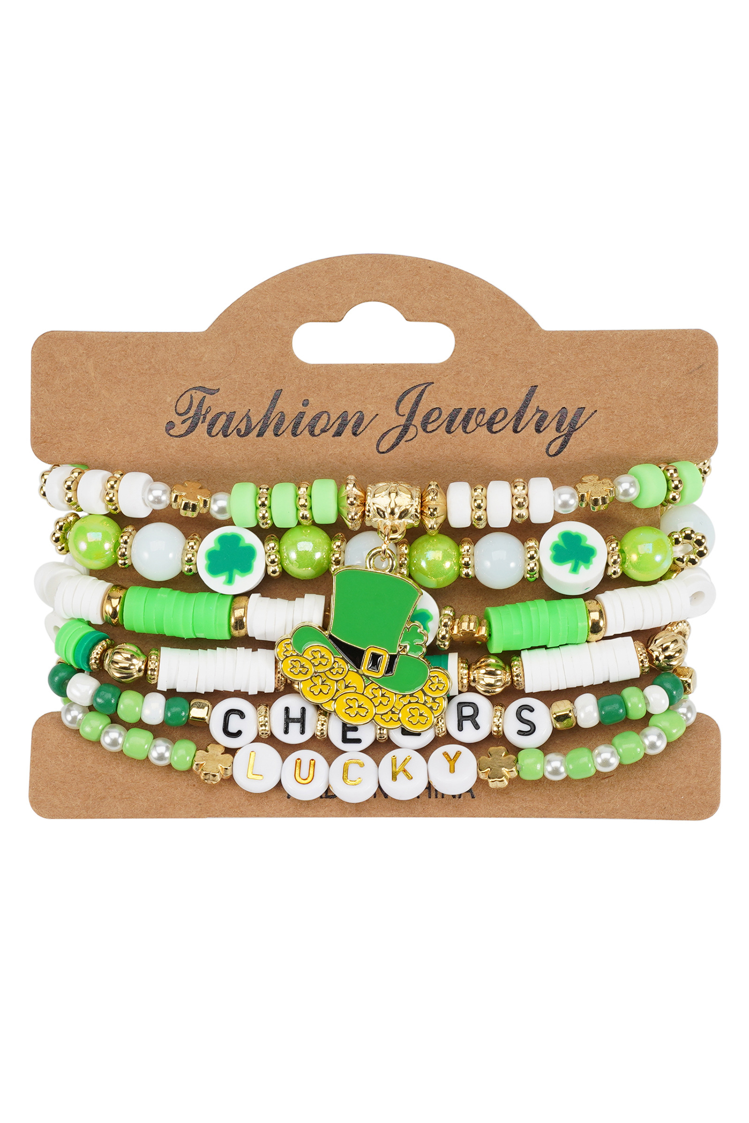 Green LUCKY CHEERS St Patricks Day Multilayered 6pcs Bracelet Set