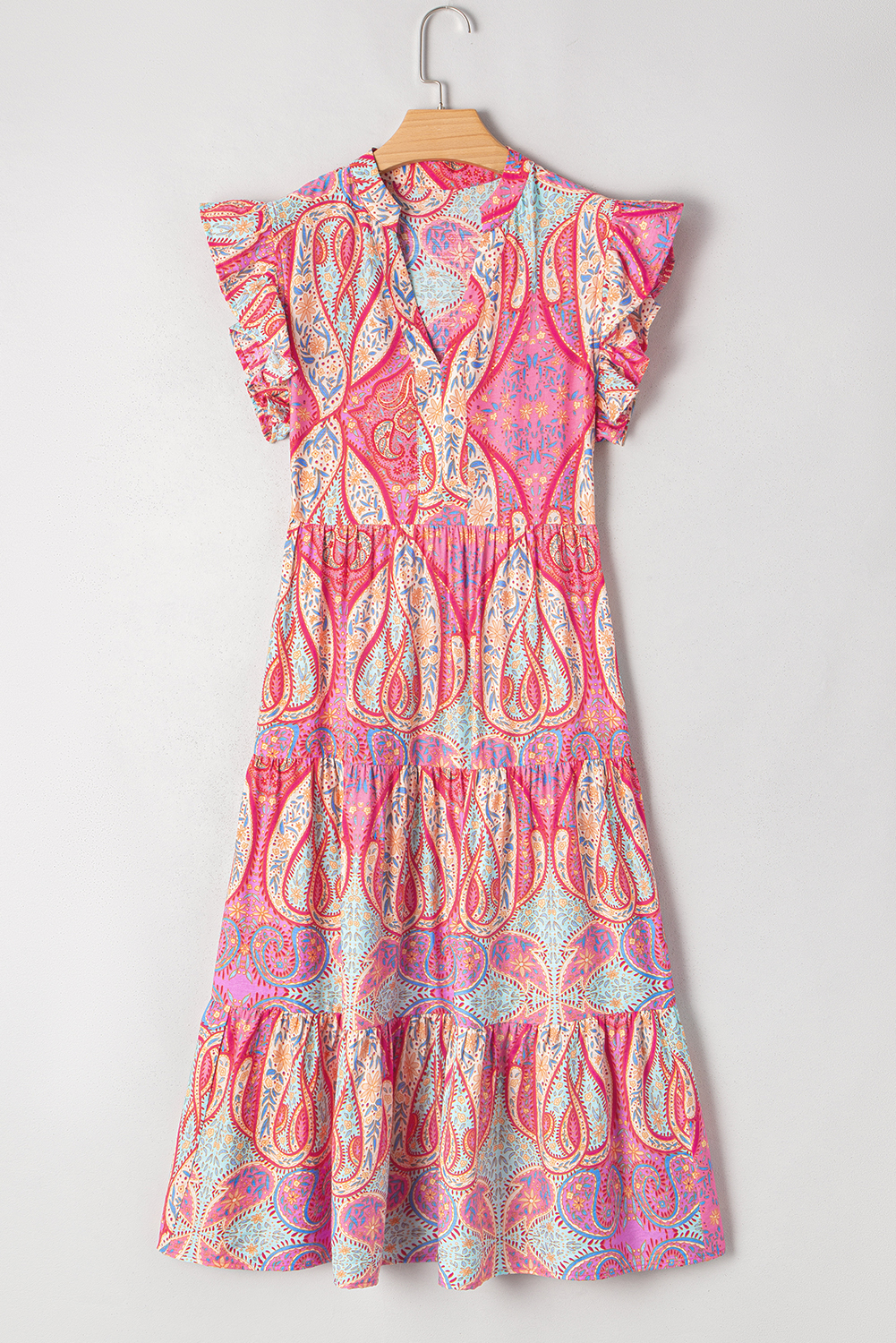 Rose Tribal Paisley Print Ruffled Sleeve Notch Neck Midi Dress