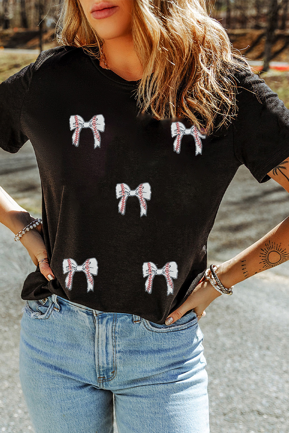 Black Glitter Baseball Bow Patched Cotton Blend T Shirt