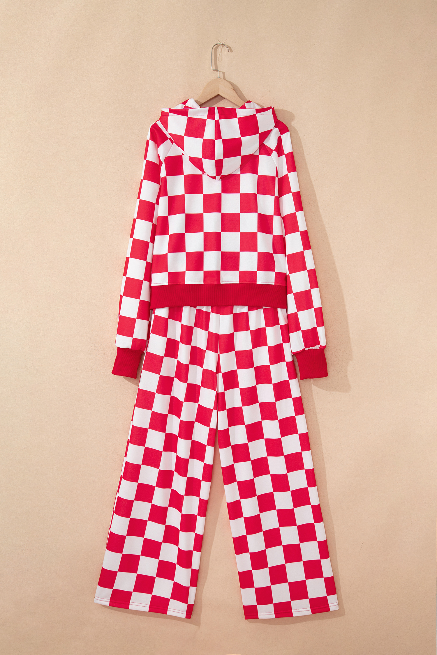 Red Checkered Print Half Zip Hoodie Loose Pant Set